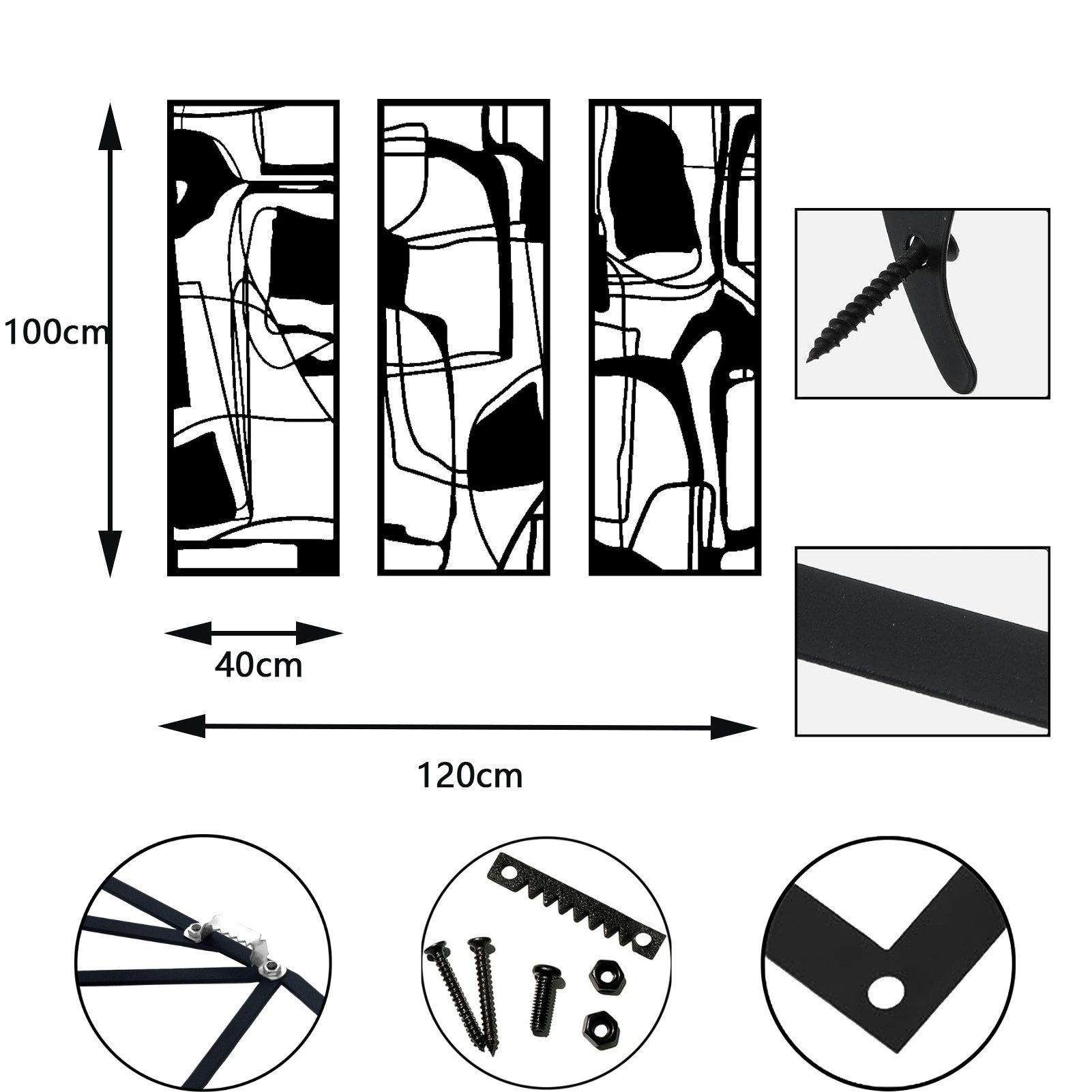 Jumpeak Wanddekoobjekt 3x Metalllinie Geometrisches Wanddekor, unregelmäßig, abstrakt, Hergestellt aus Metall,Schwarz,weiß, 40×100cm(jede)