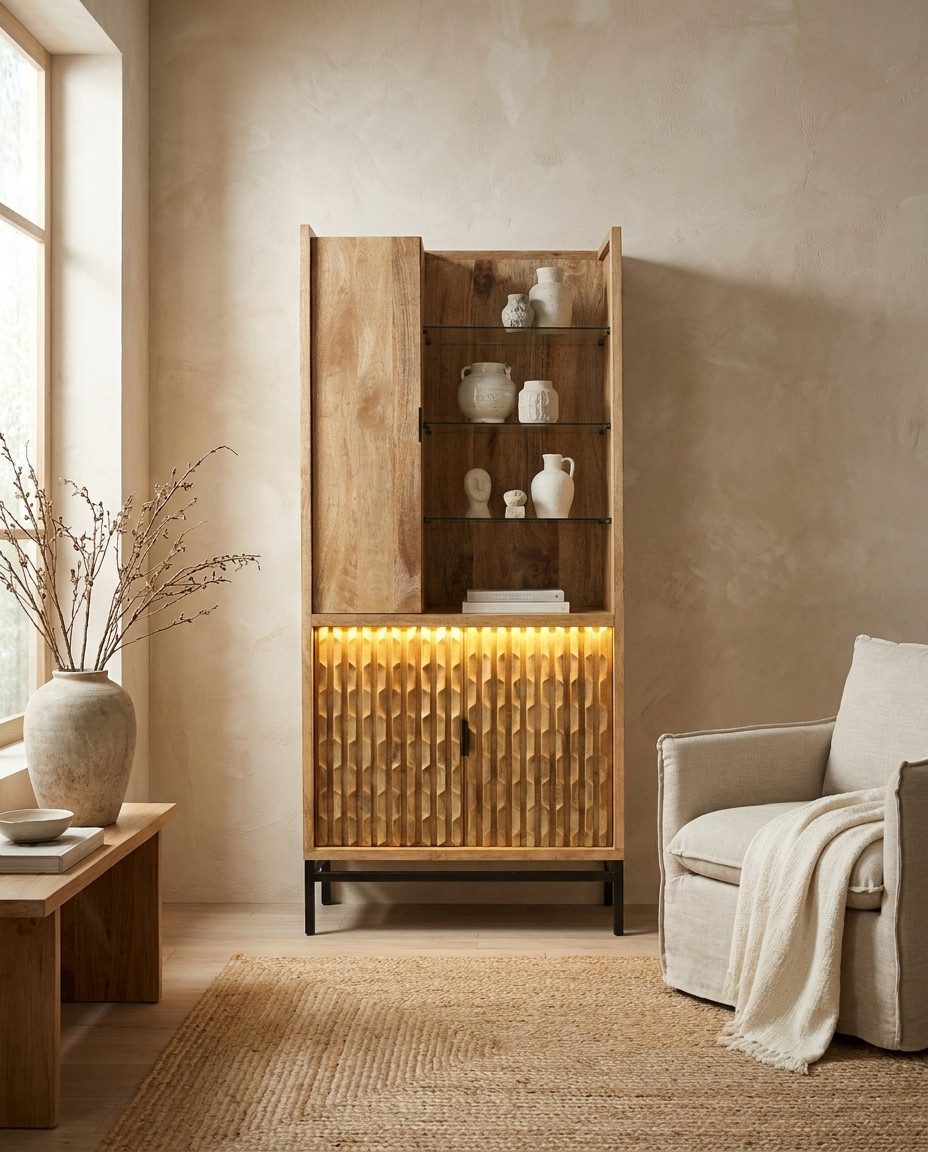 WOLF MÖBEL Vitrine KEYWEST Schrank 3 Türen / 3 Glasböden / Licht (88 x 40 x 180)