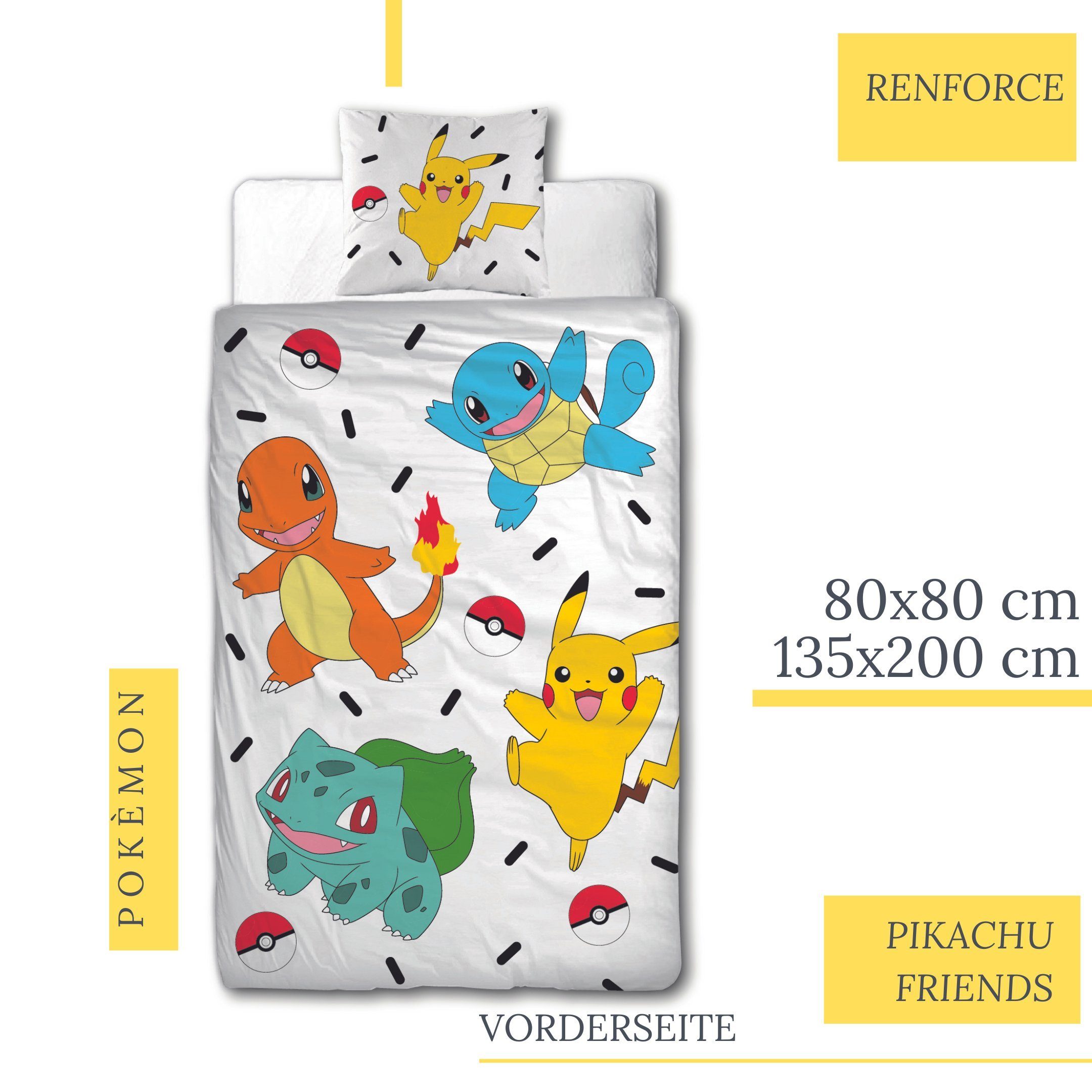 100 135x200 + Baumwolle MTOnlinehandel, Biber Pikachu & Pokémon Renforcé, teilig, Kinder, % 80x80 cm, Friends oder für Game Renforcé, Jugend 2 Bettwäsche Teenager,