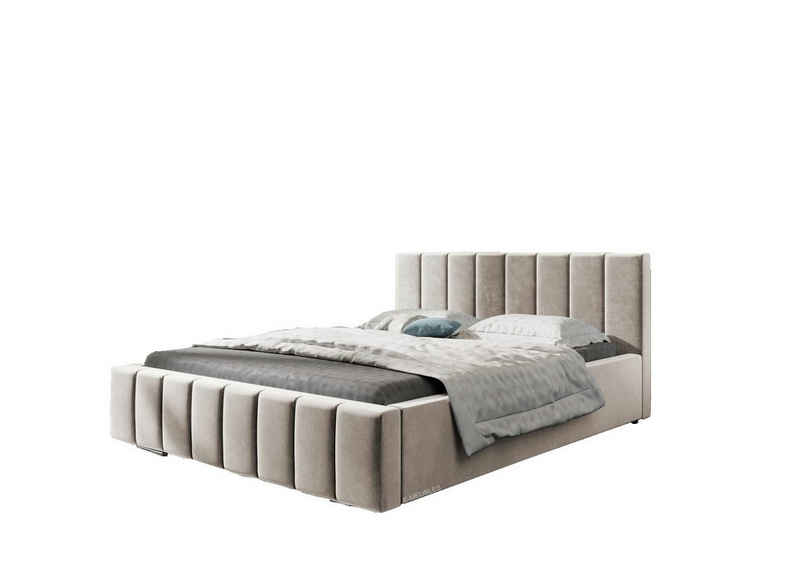 MOEBLO Polsterbett Bett 01 (Doppelbett mit Kopfstütze, Rahmenbettgestell, mit Bettkasten und Lattenrost), gepolstertes Kopfteil, mit Bettkasten, mit Lattenrost
