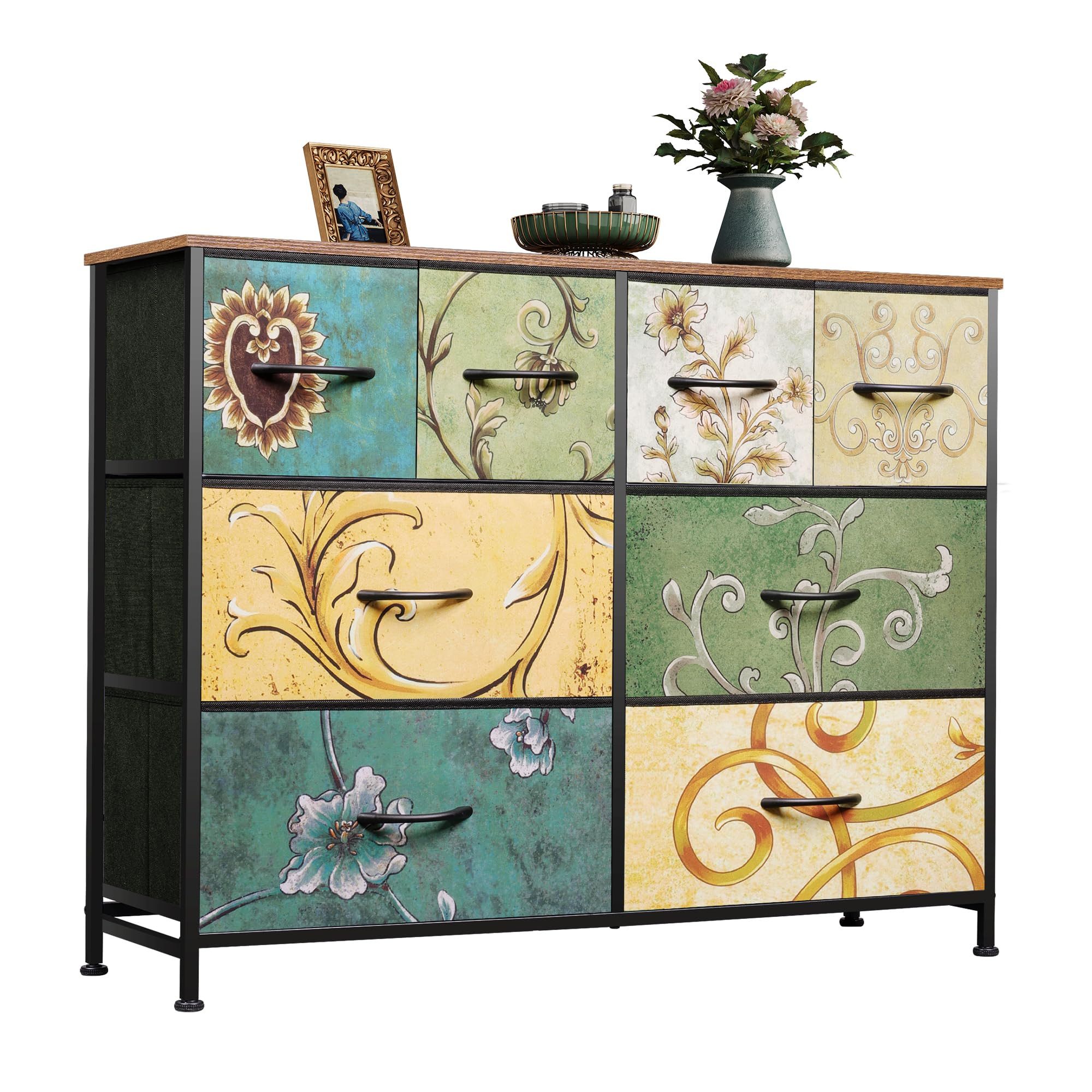 WLIVE Kommode Kommode mit Schubladen aus Stoff, Boho Vintage Schubladenschrank (Wohnzimmer & Flur, Holzoptik & Stoffschubladen, 8), dekorativer Aufbewahrungsschrank