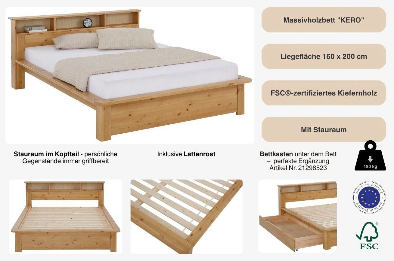 OTTO home Massivholzbett "KERO"Stauraum im Kopfteil, zertifiziertes Massivholz (Kiefer), optional mit Schublade