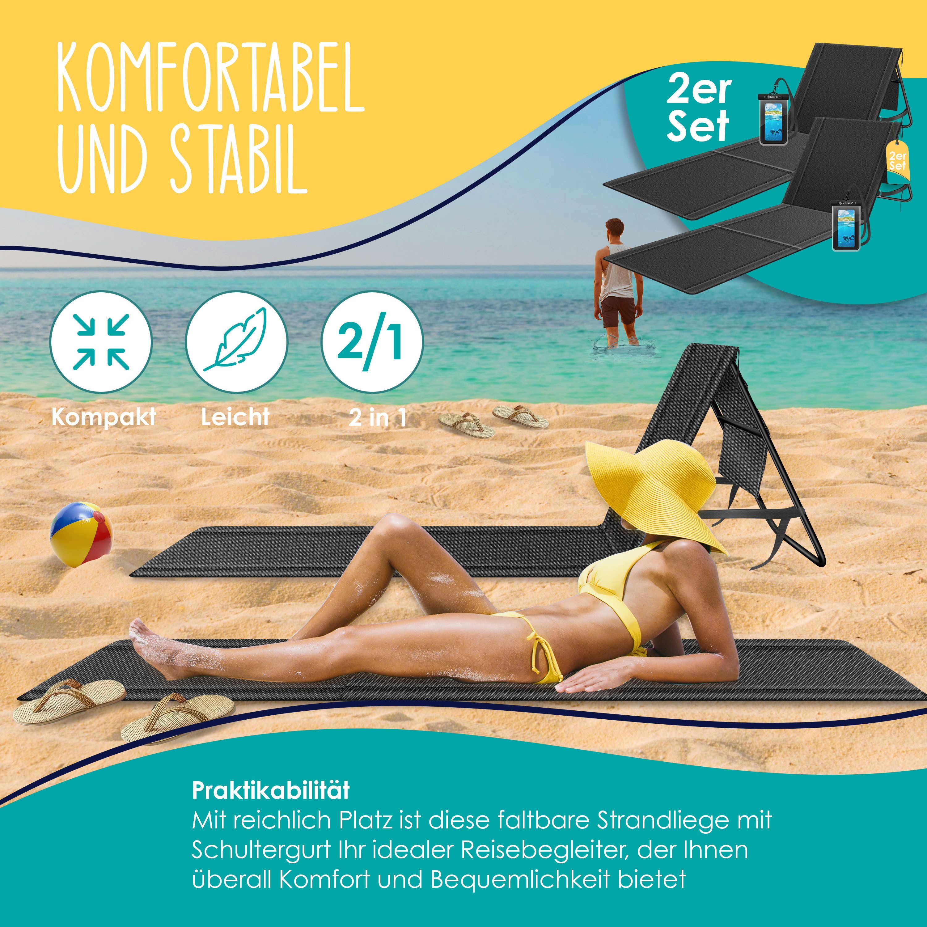 KESSER Gartenliege Strandmatte klappbar mit verstellbarer Rückenlehne max. 130 kg, 2 St., Strandliege mit Tragegurt, wasserdichter Handyhülle & Tragetasche, Sonnenliege faltbar für Strand, Garten & Terrasse Liegematte