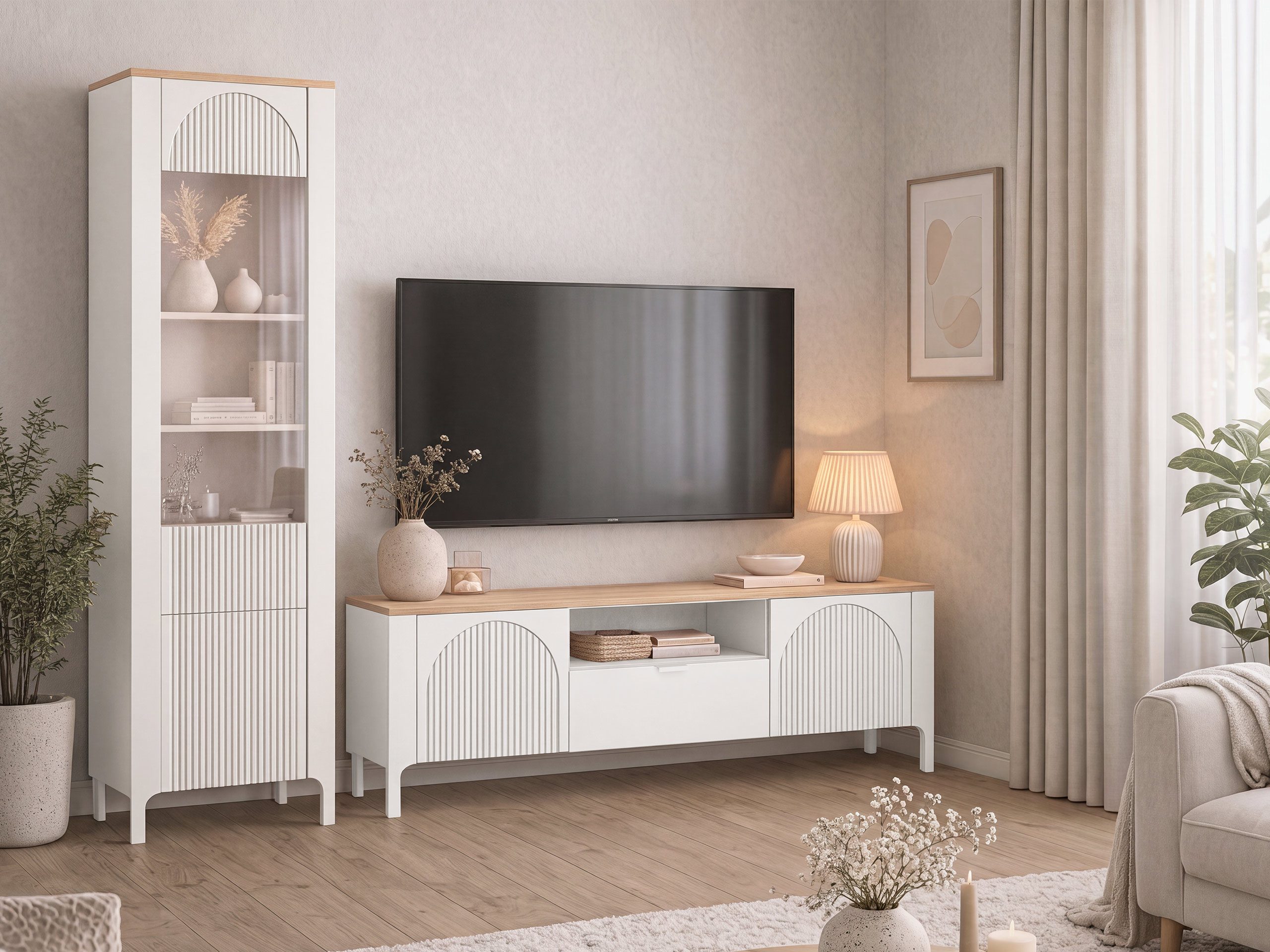 MIRJAN24 Wohnzimmer-Set Marbella II, (2er-Set, TV-Lowboard, Hochvitrine), Gehärtetes Glas 4 mm, Gedämpftem Schließsystem