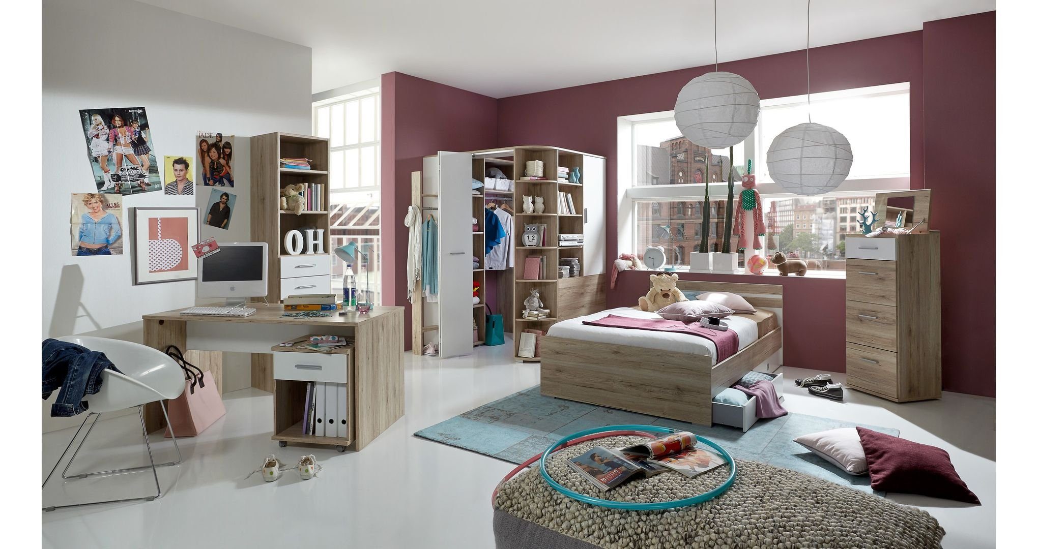 möbel-direkt.de Jugendzimmer-Set Joker in Eiche San Remo und Weiß, (Komplett Set, 8-tlg., Eckkleiderschrank, Jugendbett, Bettschubkästen), Made in Germany, begehbarer Eckkleiderschrank