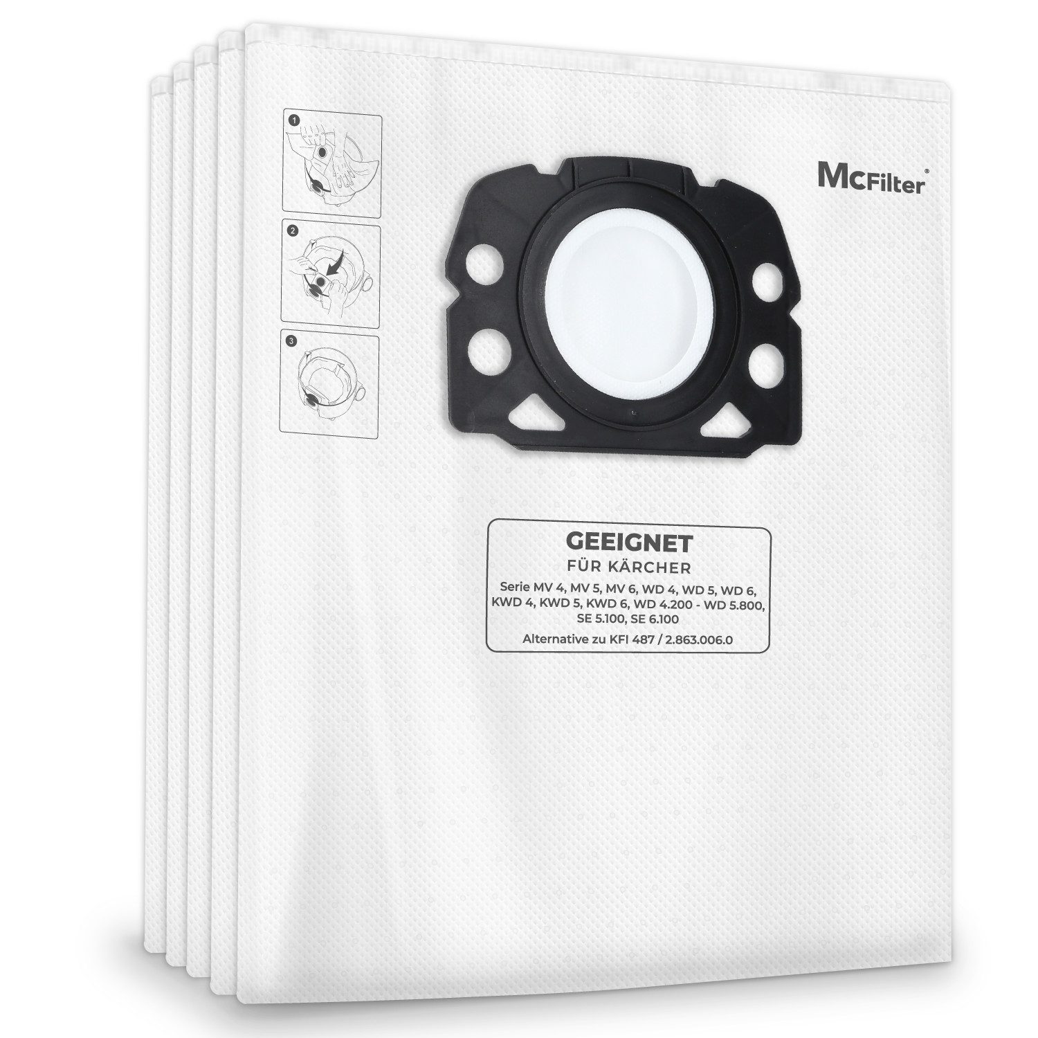 McFilter Staubsaugerbeutel (10 Stück) geeignet für Kärcher 2.863-006.0, KFI 487 Staubsauger, passend für WD4, WD5, WD6 P Premium, SE 5.100, SE 6.100, KWD4, KWD5, KWD6, 10 St., wie 2.863-006.0, für Nass-/Trockensauger, Kunststoffdeckscheibe