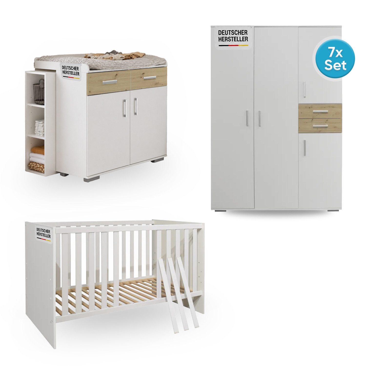 Storado Babymöbel-Set Sienna 7-teilig 70×140cm, Kinderzimmer-Set, Farbe wählbar, Mitwachsendes Babybett, Wickelkommode und geräumiger Schrank