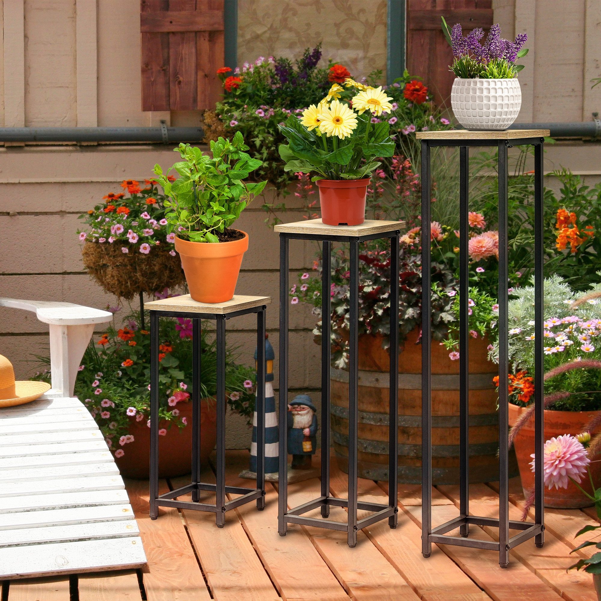 Outsunny Blumenständer Pflanzenständer, 50/70/90cm hoch, Stapelbar, Blumentopfständer (Pflanzenhocker, 3 St., Blumenständer), für Garten Balkon Schwarz+Natur