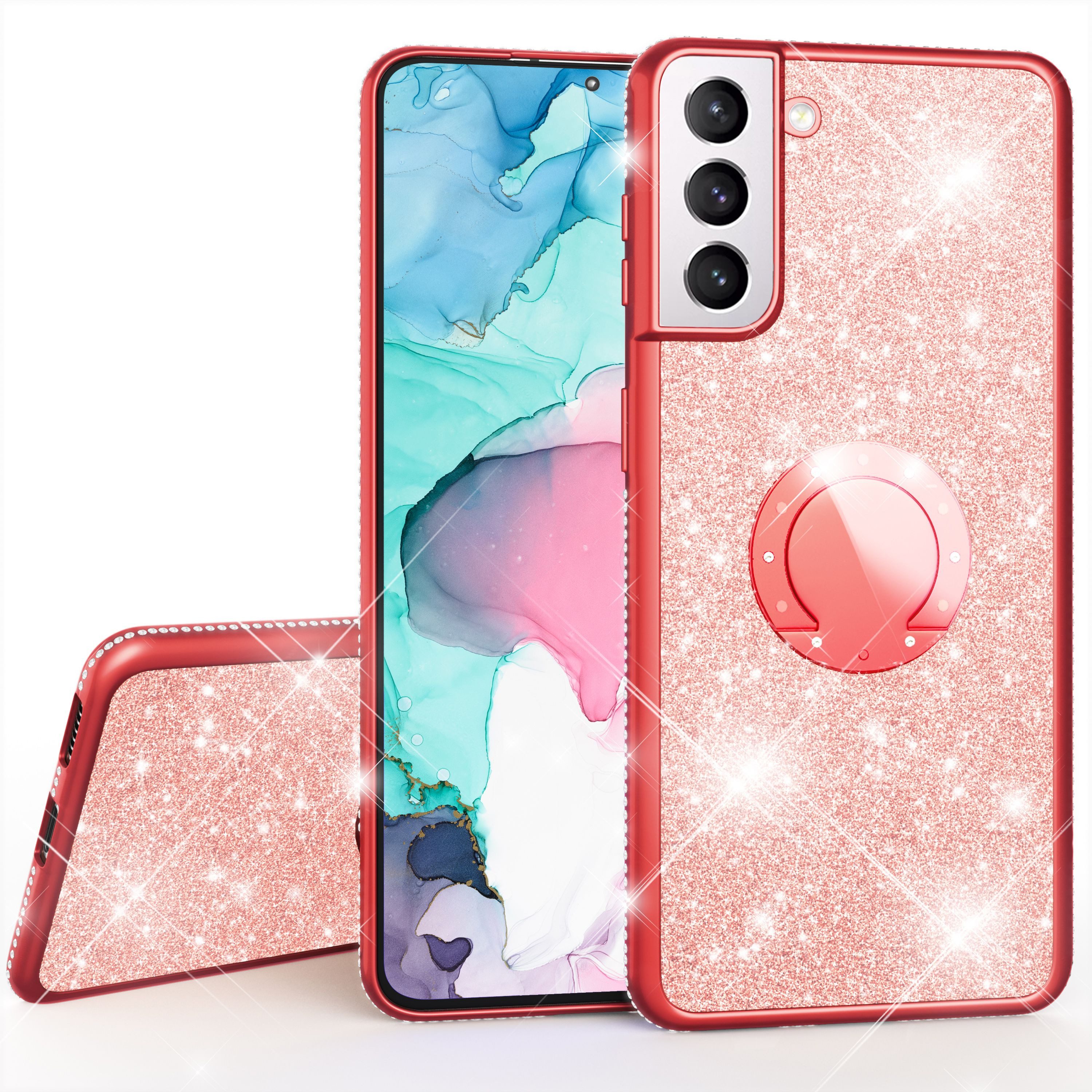 Nalia Smartphone-Hülle Samsung Galaxy S21 FE 16,3 cm (6,4 Zoll), Glitzer Ring Silikon Hülle / 360 Grad Finger-Halter / Standfunktion