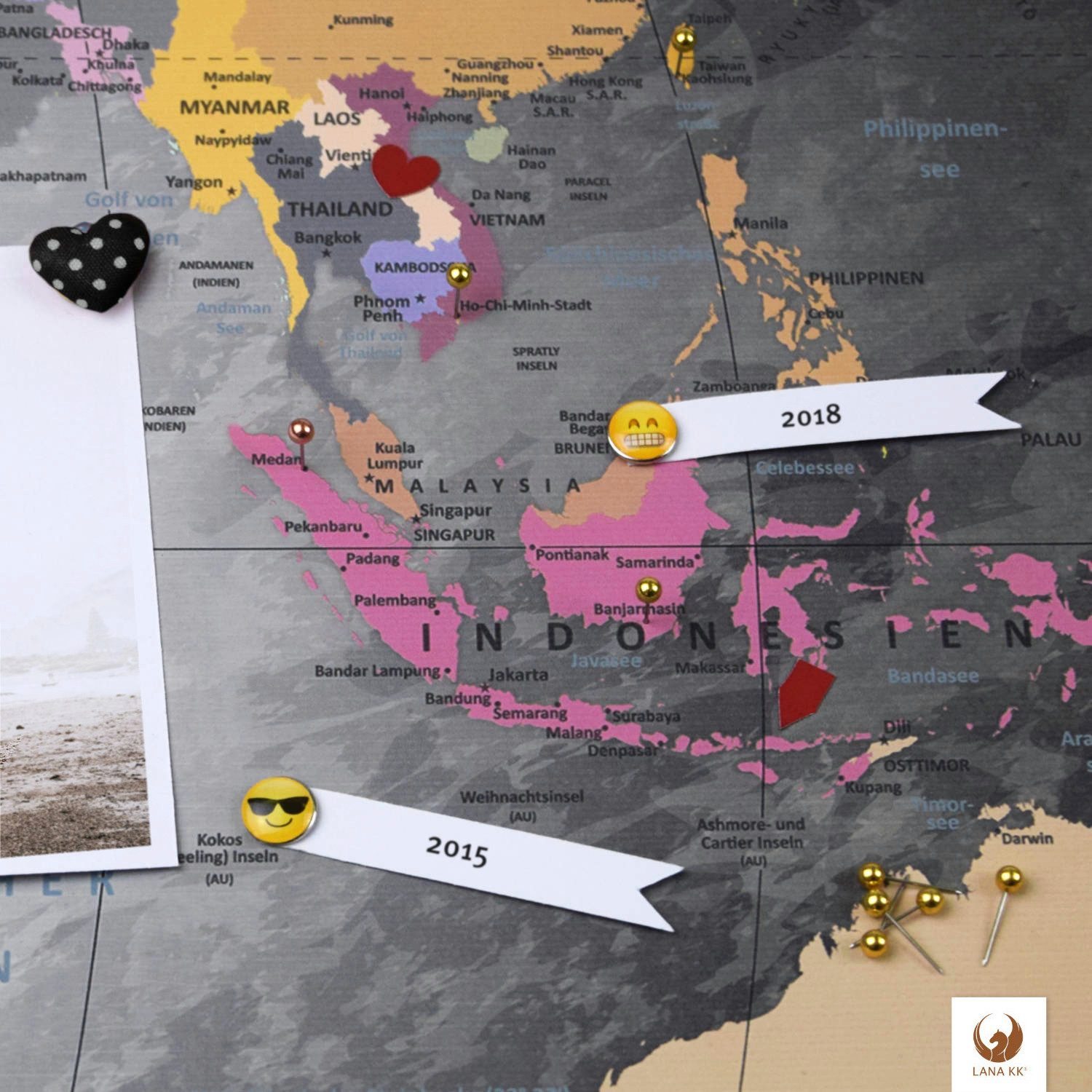 LANA KK Leinwandbild Weltkarte Pinnwand zum markieren von Reisezielen, deutsche Beschriftung