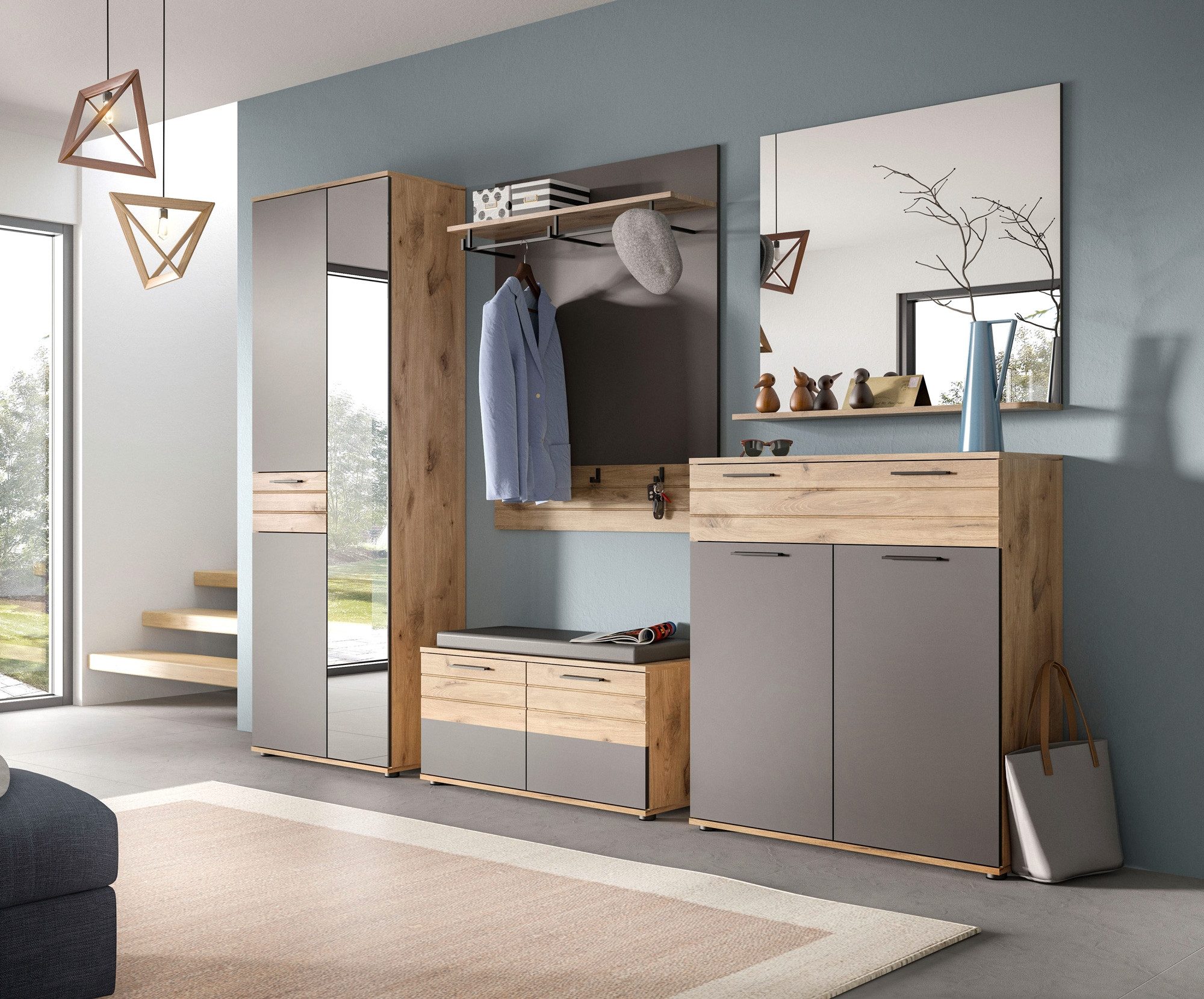Newroom Garderobe Eiche 90 cm, Garderobe Eiche Basalt Grau Industrial Garderobenpaneel Kompaktgard...