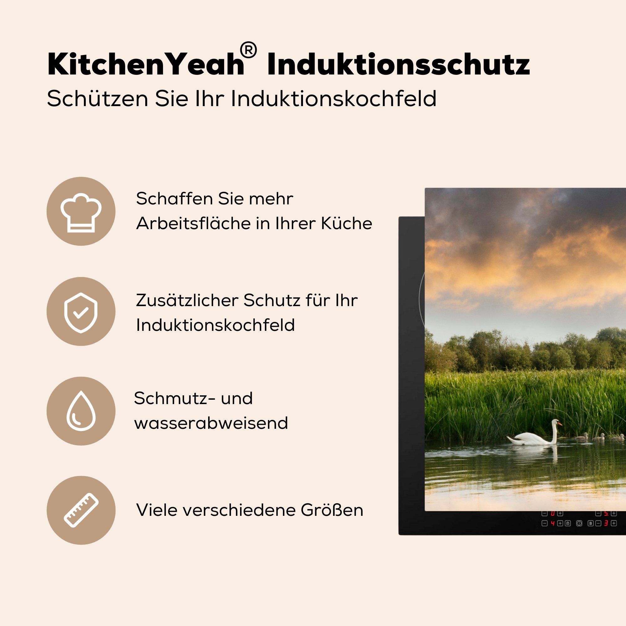MuchoWow Herdblende-/Abdeckplatte Schwäne - cm, (1 Ceranfeldabdeckung, Arbeitsplatte - tlg), für 78x78 Vinyl, Gras, küche Wasser