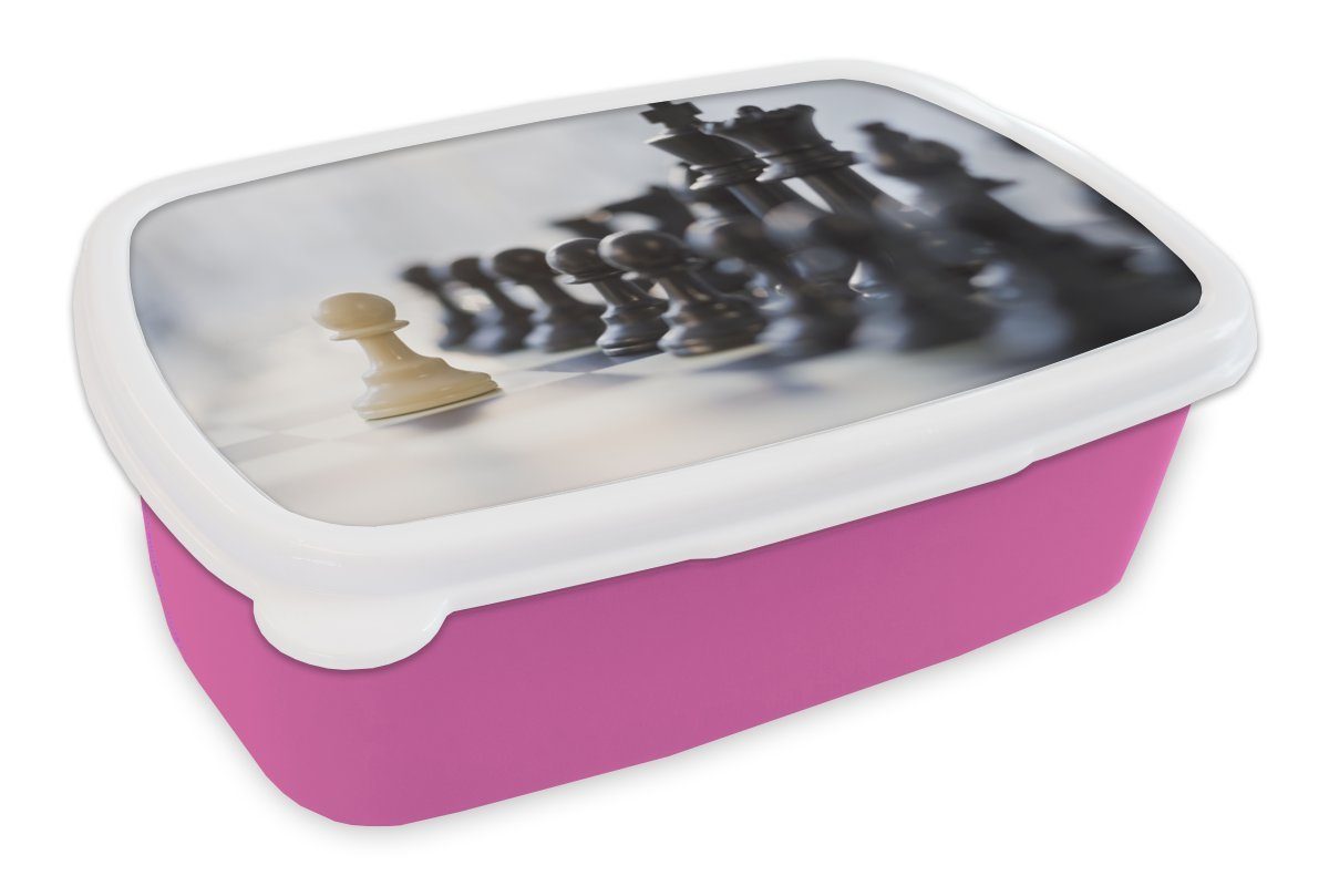 MuchoWow Lunchbox Schwarz gewinnt beim Schach, Kunststoff, (2-tlg), Brotbox für Erwachsene, Brotdose Kinder, Snackbox, Mädchen, Kunststoff rosa