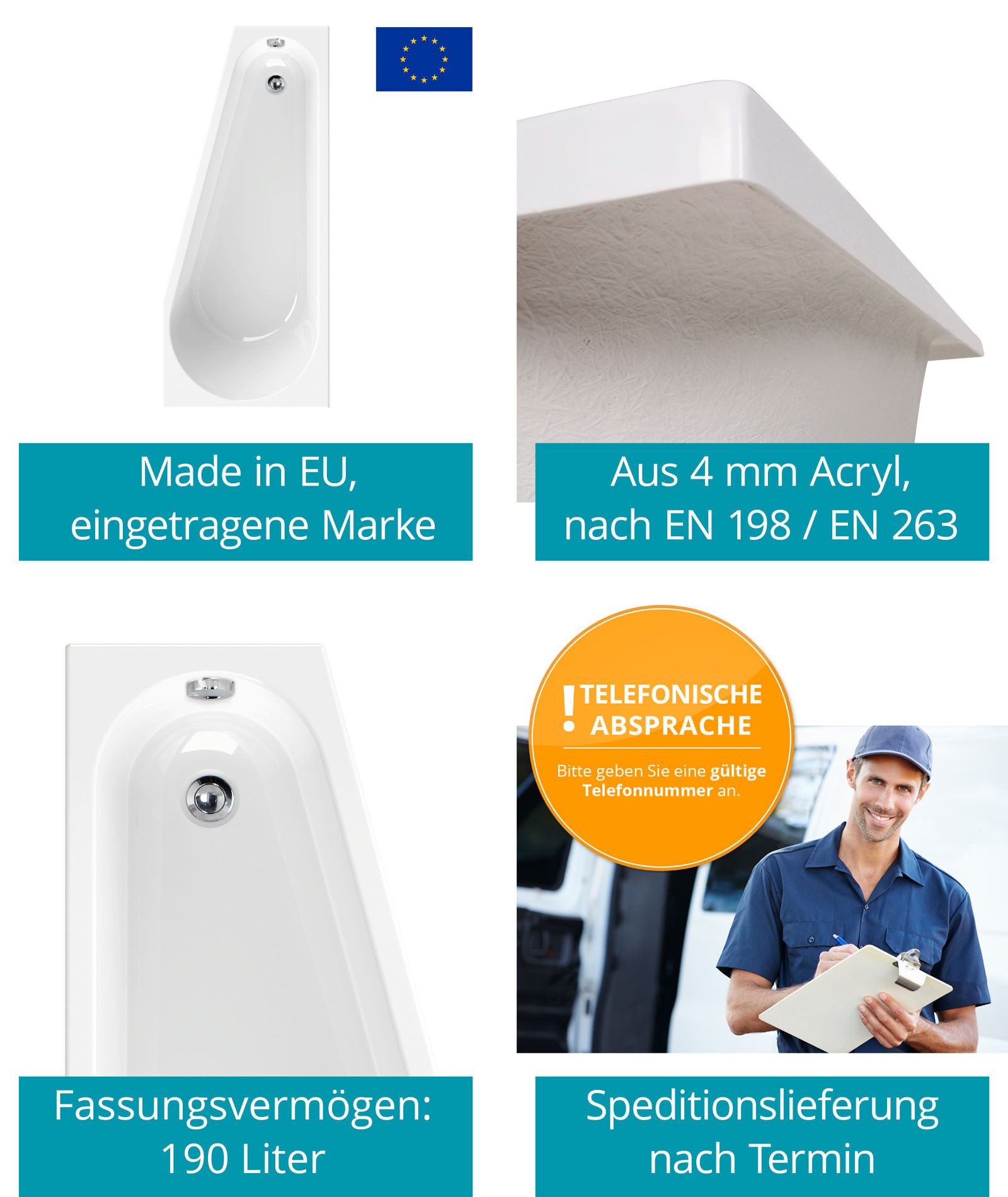 Calmwaters Badewanne Essential Small, Weiß, 160 x 70 cm, Acryl, Raumsparbadewanne, 02SL3329