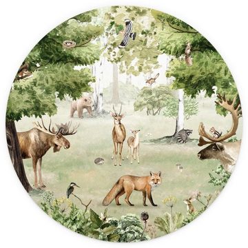 K&L Wall Art Fototapete Fototapete Baby Kinderzimmer Waldtiere Fuchs Hirsch Elch Vliestapete rund, große Kinder Motivtapete