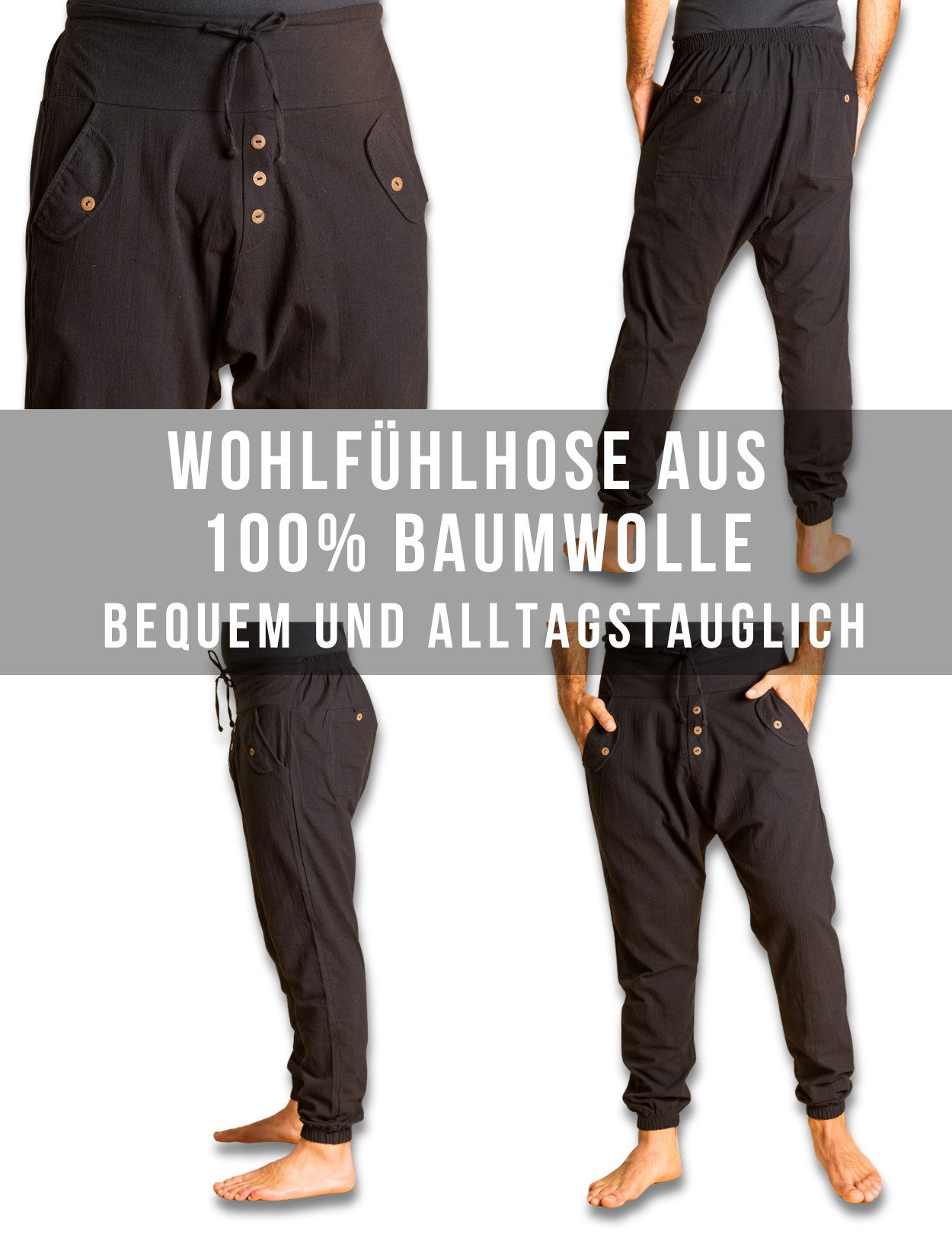 PANASIAM Haremshose Yogipants classic bequeme Freizeithose wie Aladinhose Unisex für Damen und Herren Haremshose Tunnelzug vorne Gummiband hinten