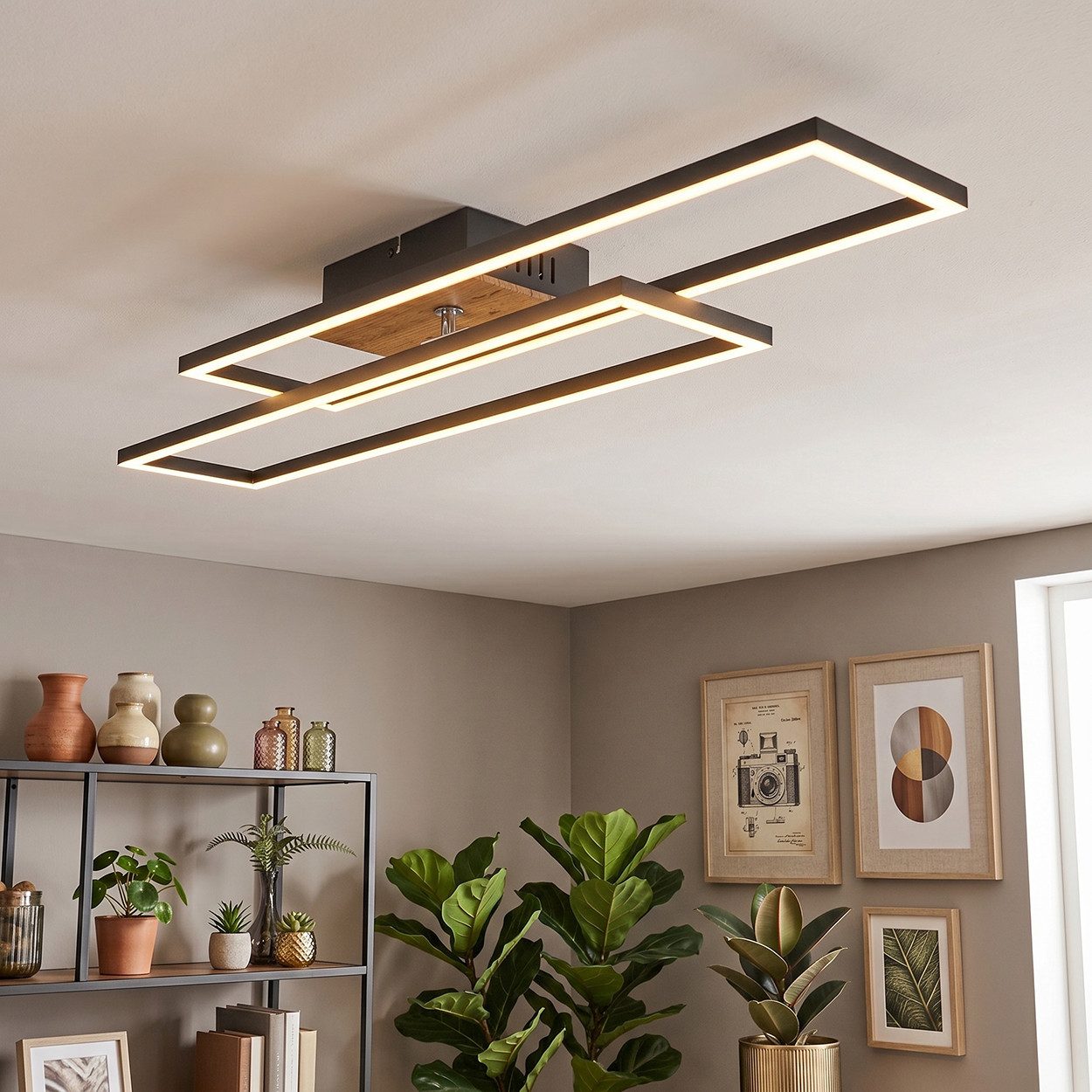 hofstein Deckenleuchte Deckenlampe aus Metall/MDF/Kunststoff in Schwarz/Holzfarben/Weiß, LED wechselbar, 3000 Kelvin, Leuchte im modernen Design mit verstellbarem Element, 1 x LED 30 Watt