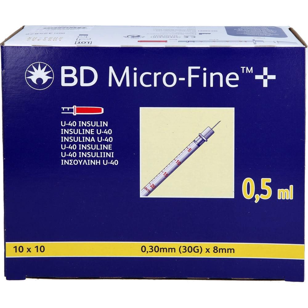DocMed Feindosierspritze BD Micro-Fine+Insulinspritze 0,5 ml U40 0,3x8mm, (Spar-Set, Weltweiter Bestseller, 100-St., Steril verpackt), latexfrei