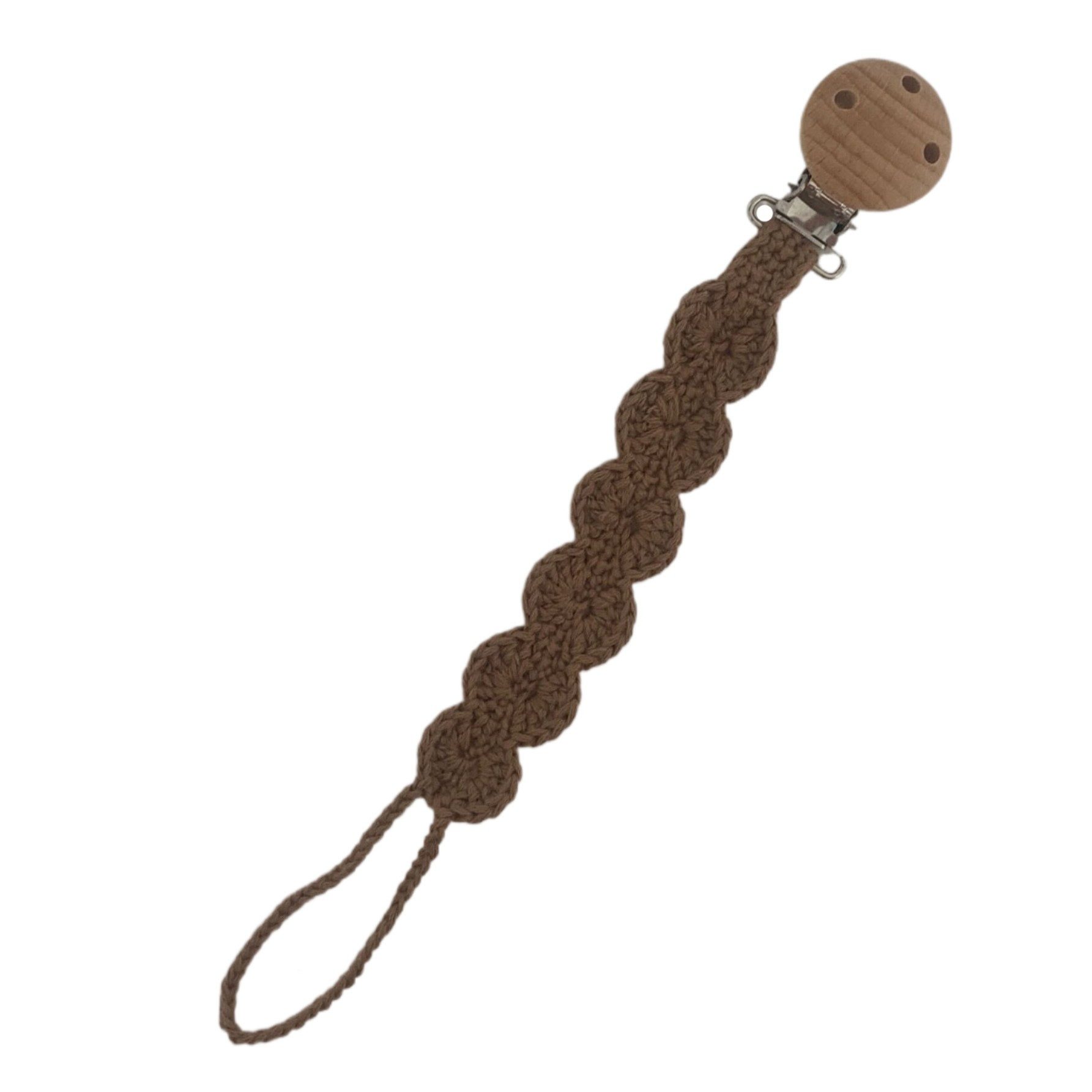 Schnullerbefestigung Handgemachte Schnullerkette "Muschelchen" in Dunkelbraun