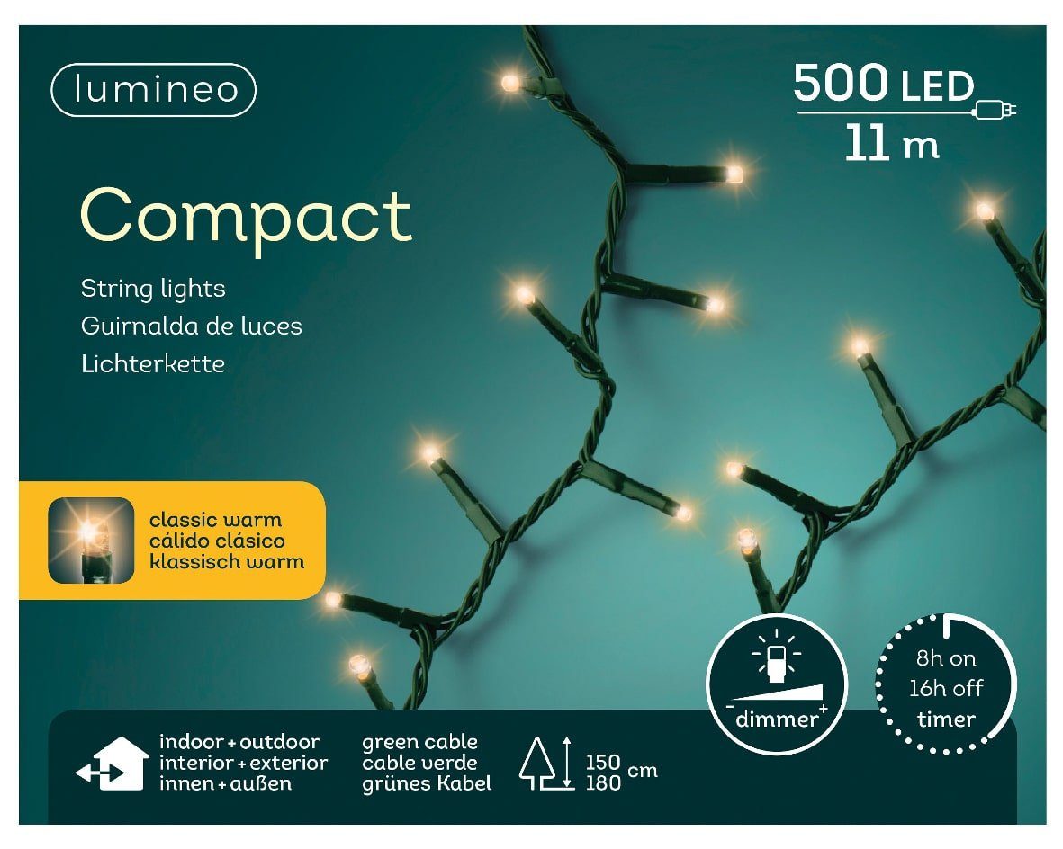 Lumineo LED-Lichterkette »Lichterkette Compact 500 LED's 11 m klassisch  warm, grünes Kabel«, Indoor & Outdoor, dimmbar, 8h-Timer, Weihnachten,  Dekoration