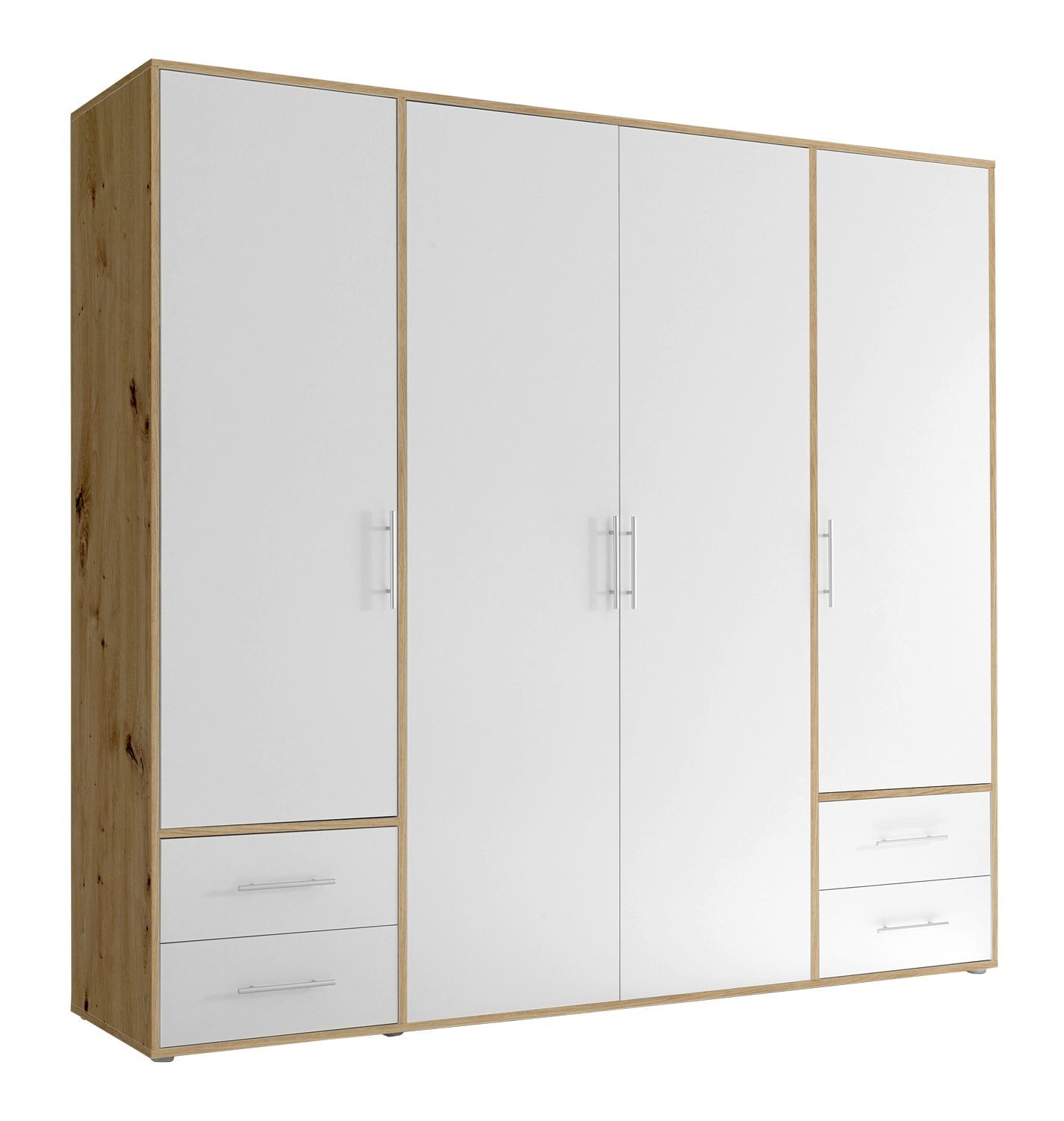 Pol-Power Drehtürenschrank Kleiderschrank VALENCIA, B 206 cm x H 195 cm Artisan Eiche Dekor, Weiß, 4 Türen, 4 Schubladen