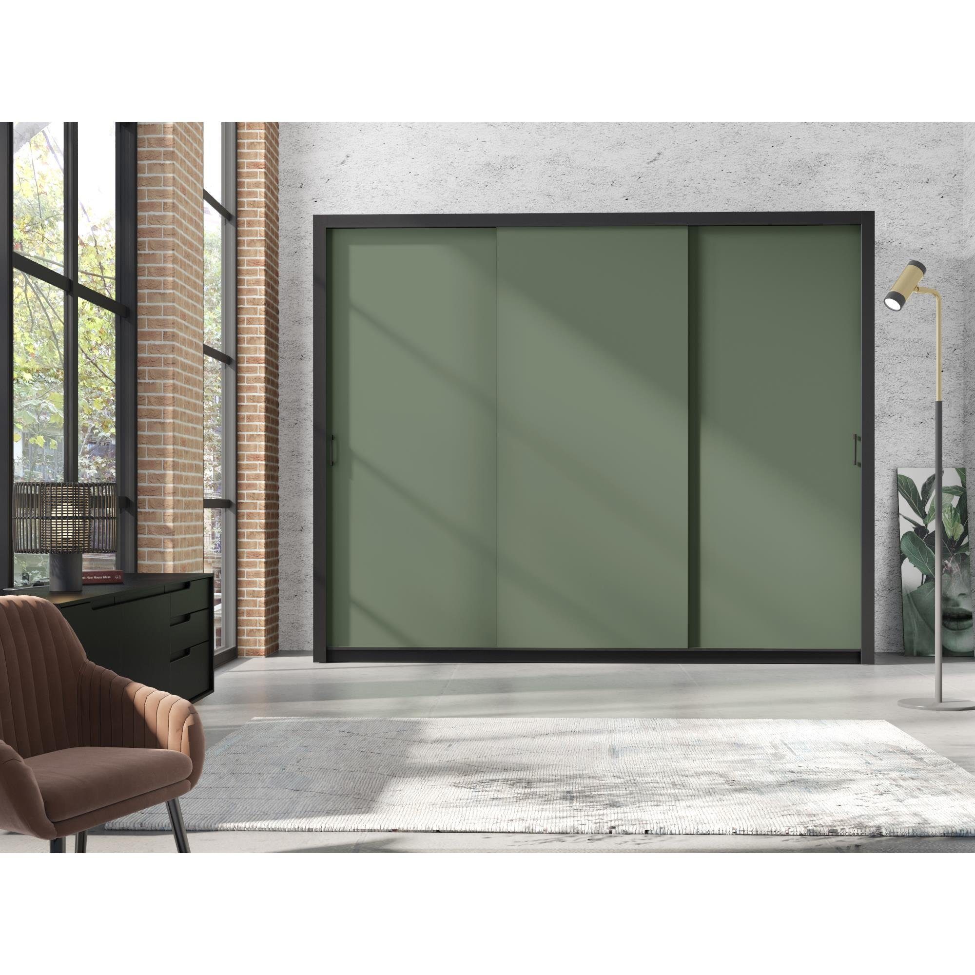 Beautysofa Kleiderschrank Außergewöhnliche moderne stilvolle Garderobe mit Schiebetür FRAMA II (Geräuchertes Grün/Tiefe Sahara/Toffee) B:185/255H:206/T:60CM