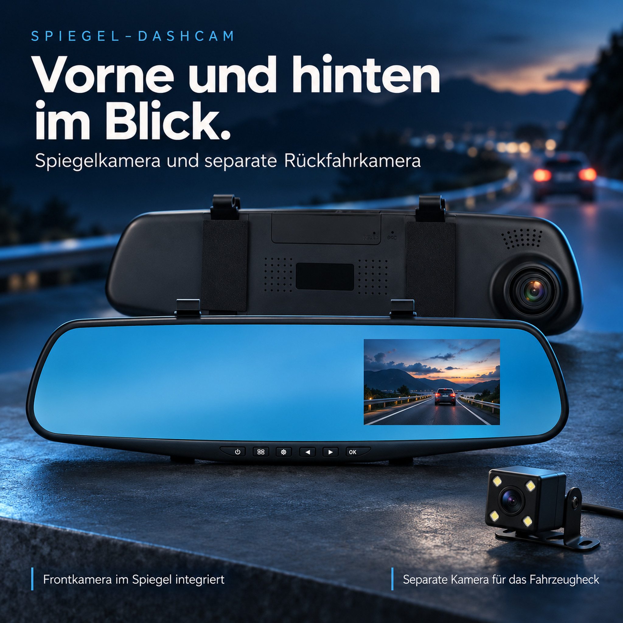HS.SUPPLY Spiegel-Dashcam mit Rückfahrkamera, 3,5-Zoll-Display & G-Sensor Dashcam (Spiegel-Dashcam mit Rückfahrkamera und Montagezubehör, Frontkamera, Rückfahrk – Bild 2 von 5
