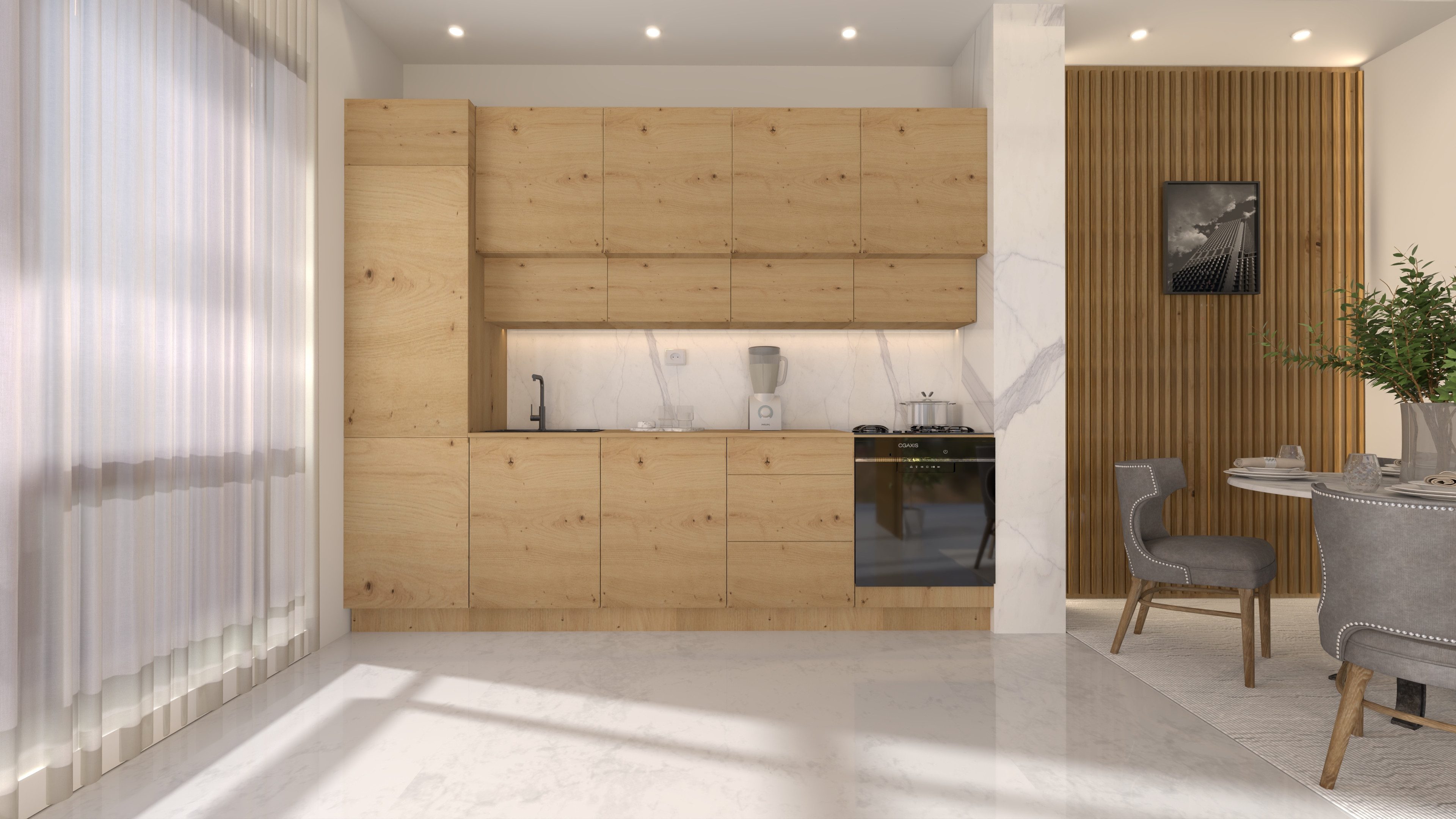 ROYAL24_MARKT Küchenzeile Nexa KÜ-LN-006 – 300 cm – Moderne Familienküche mit Hochschrank, (Komplett Set), Beste Güte - Innovativ