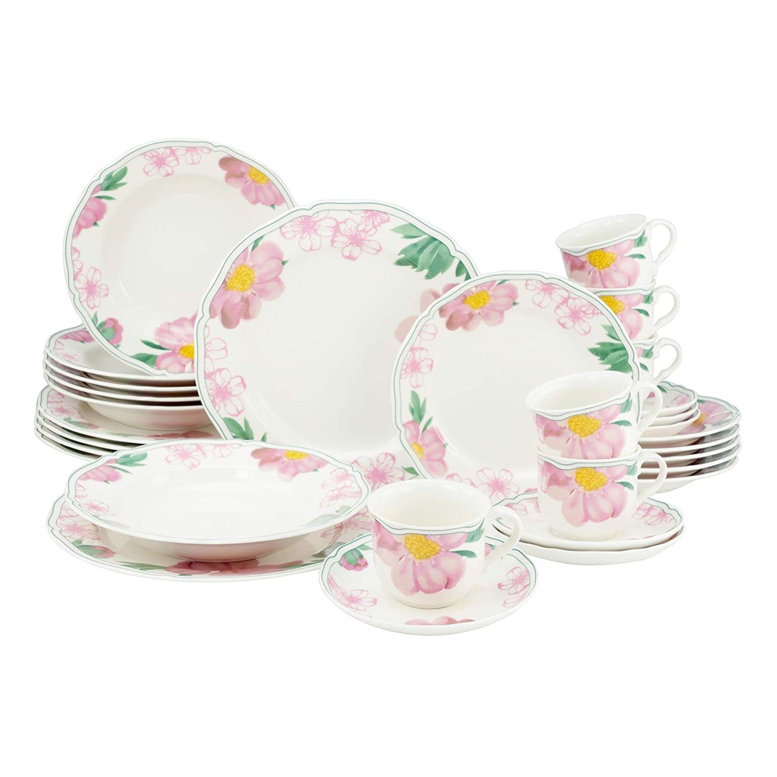 CreaTable Kombiservice Geschirr-Set Rose (30-tlg), 6 Personen, Porzellan,  Service, Premium-Porzellan, Made in Europe, 30 Teile, für 6 Personen,  romantischer Landhausstil