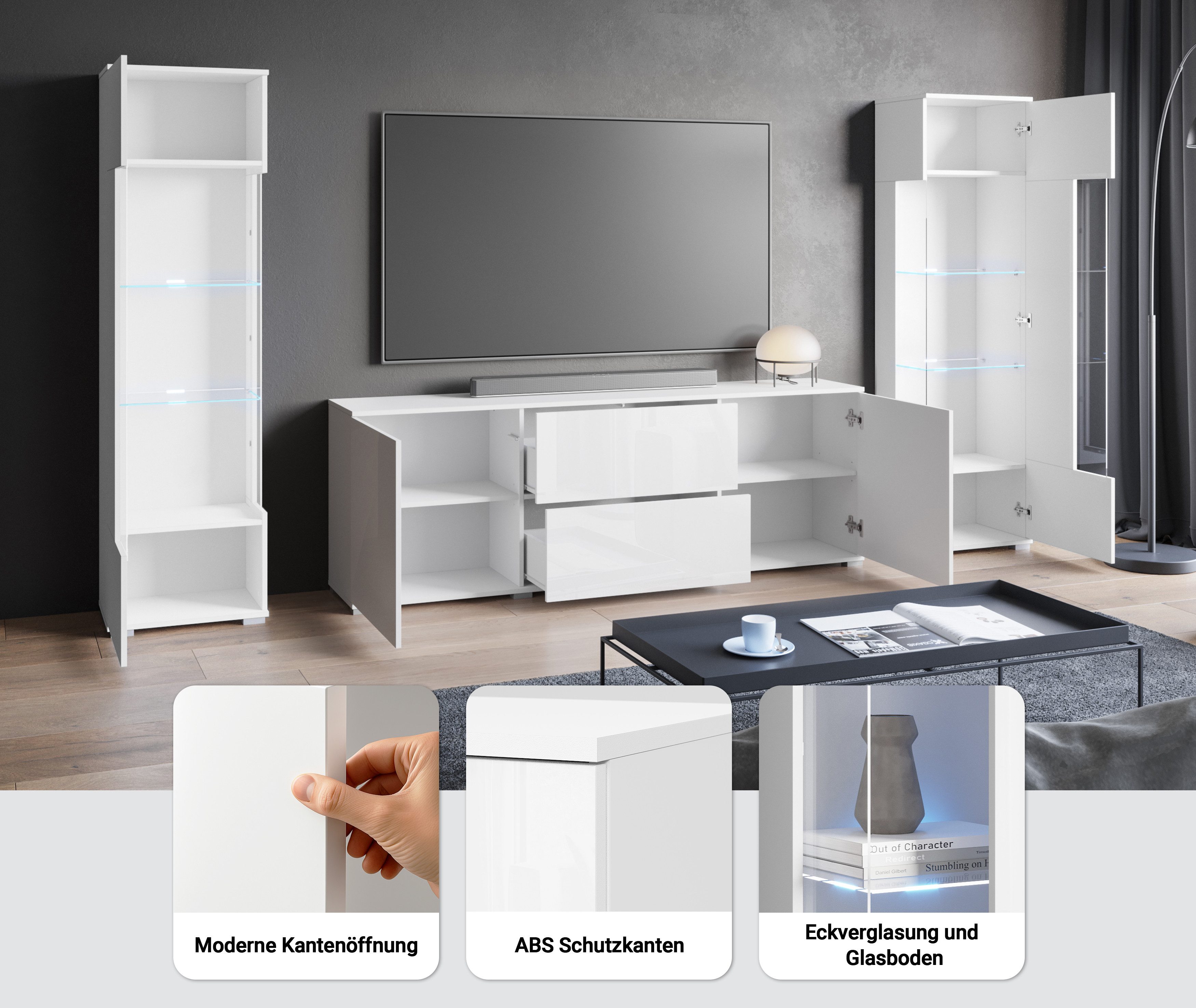 OTTO home Wohnwand KENIA, (Komplett-Set, 3-St), Vitrinen mit Eckverglasung, hängend und stehend montierbar