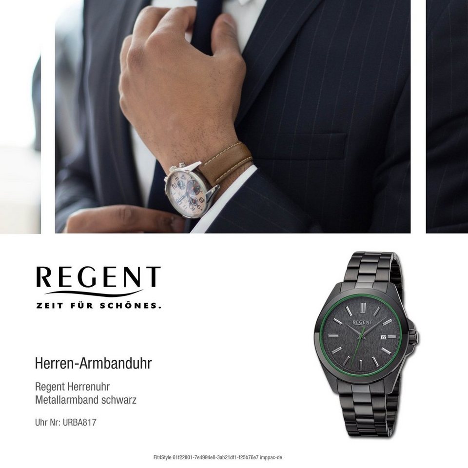 Regent Quarzuhr Regent Herren Armbanduhr Analog, Herrenuhr Metallarmband  schwarz, rundes Gehäuse, extra groß (ca. 41mm)