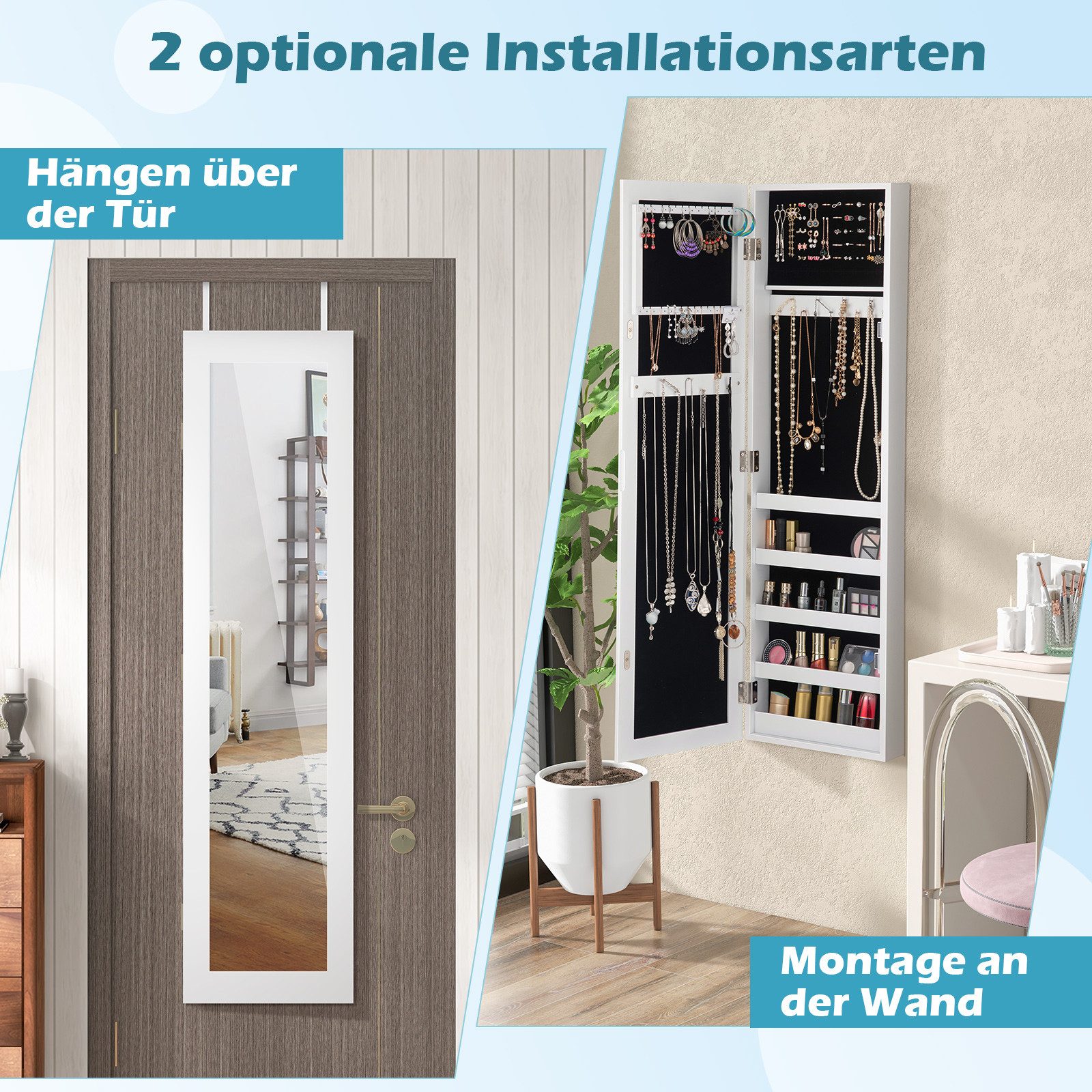 COSTWAY Schmuckschrank hängend, Wandspiegel Holz, Spiegelschrank günstig online kaufen