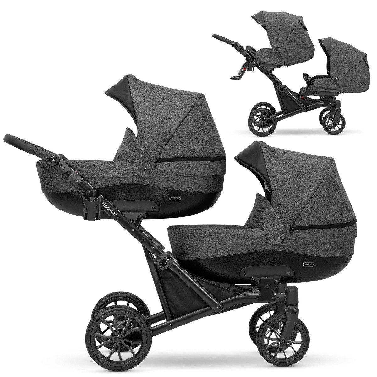 KUNERT Zwillings-Kombikinderwagen Kunert 2 in1 BOOSTER Graphite Zwillingskinderwagen, Zertifiziert von TUV NORD und ZETOM, entspricht EN 1888-1:2018