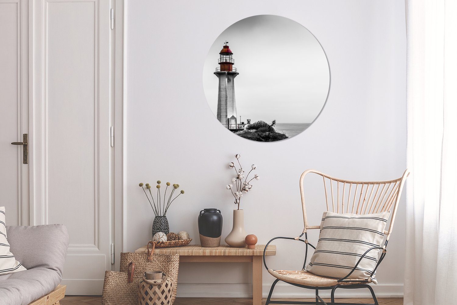Wohnzimmer, Leuchtturms Wandkreis, Schwarz-Weiß-Foto Vancouver, eines St), im Wandschmuck, Rundes 90x90 (1 für Gemälde cm von Westen MuchoWow wandbild