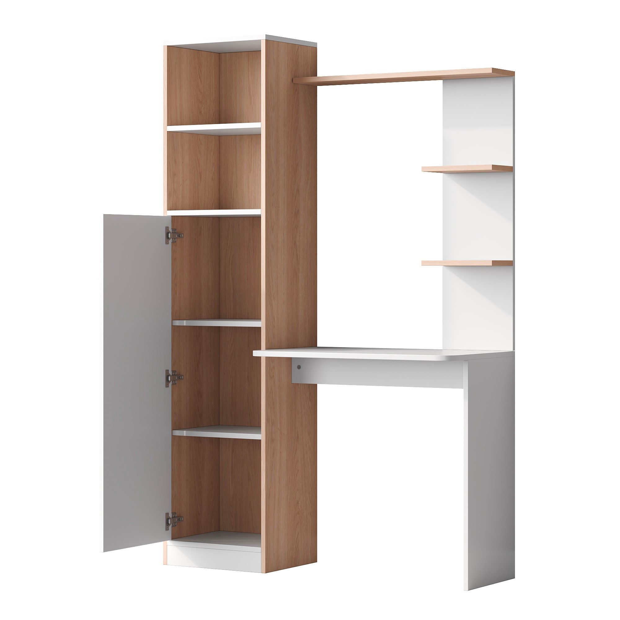 Flieks Regal-Schreibtisch Computertisch mit Hochschrank und Ablagen (123,5x45x168,5 cm, 1-St), Arbeitstisch mit Ablagen und 5 Fächern Bürorisch Holzoptik Weiß&Natur