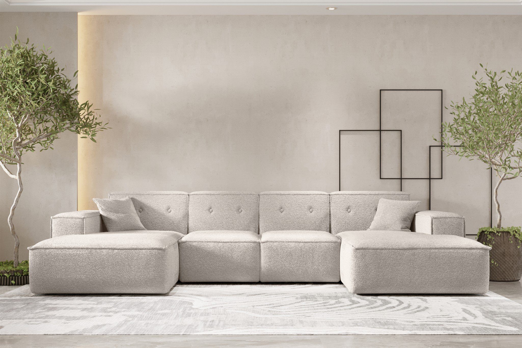Möbel Sofa 2 in CESINA Rundumbezug inkl. Wohnlandschaft Stoff, U-Form Zierkissen, Fun