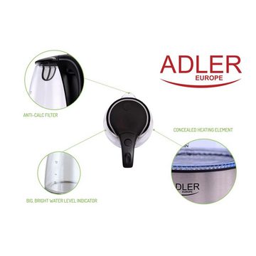 Adler Wasserkocher AD 1225, 1,7 l, 2200,00 W, blaue Beleuchtung, automatische Abschaltung, 360 Grad Sockel