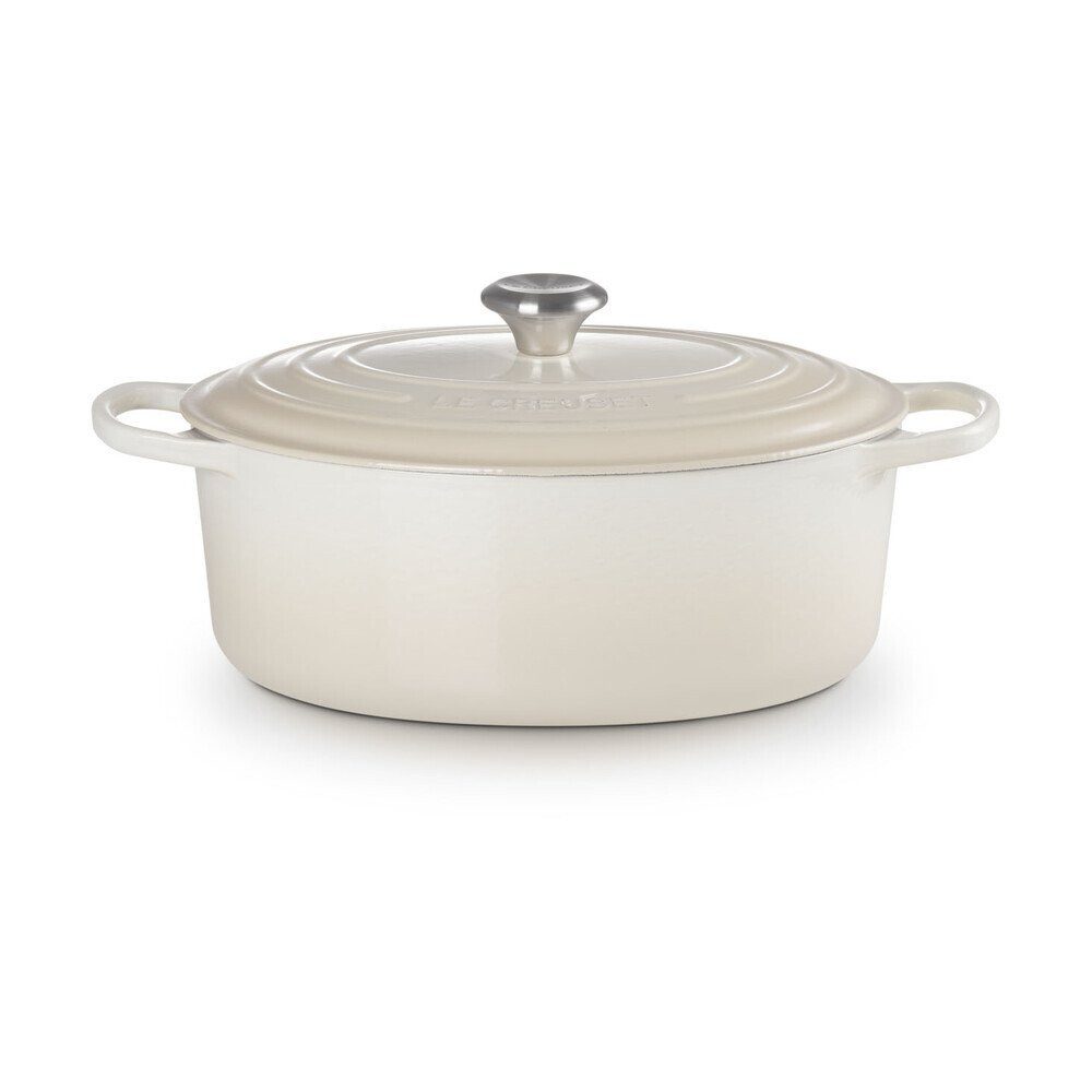 LE CREUSET Bräter Bräter mit Deckel 31 cm Signature Meringue, Emailliertes Gusseisen, ovaler Schmortopf, Cocotte, Bratentopf, ca. 6-7 Pers., Ø31cm, weiß