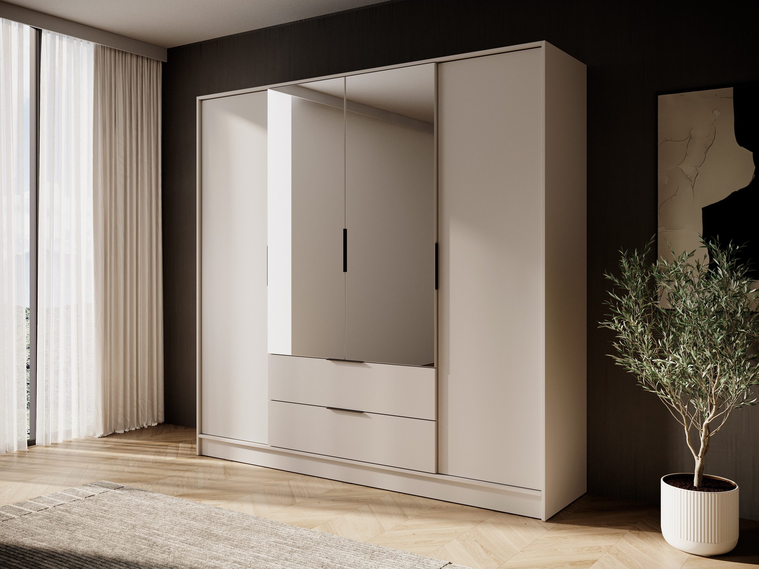 MOEBLO Drehtürenschrank SEVIA 200 (Moderner und funktionaler Schrank mit verstellbaren Regalen und Schubladen, Kleiderschrank 4-türig …