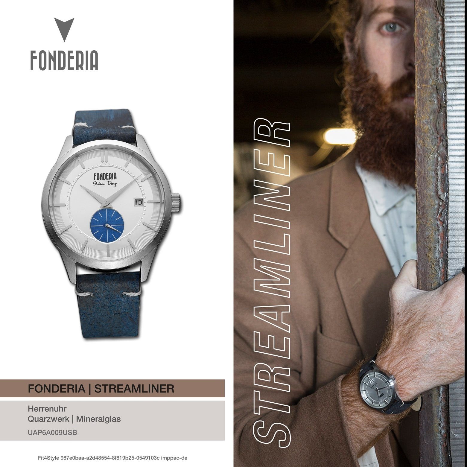 Fonderia Herren Leder, groß Uhr rund, blau Armbanduhr P-6A009USB (ca. 41mm), Lederarmband Fonderia Quarzuhr Herren