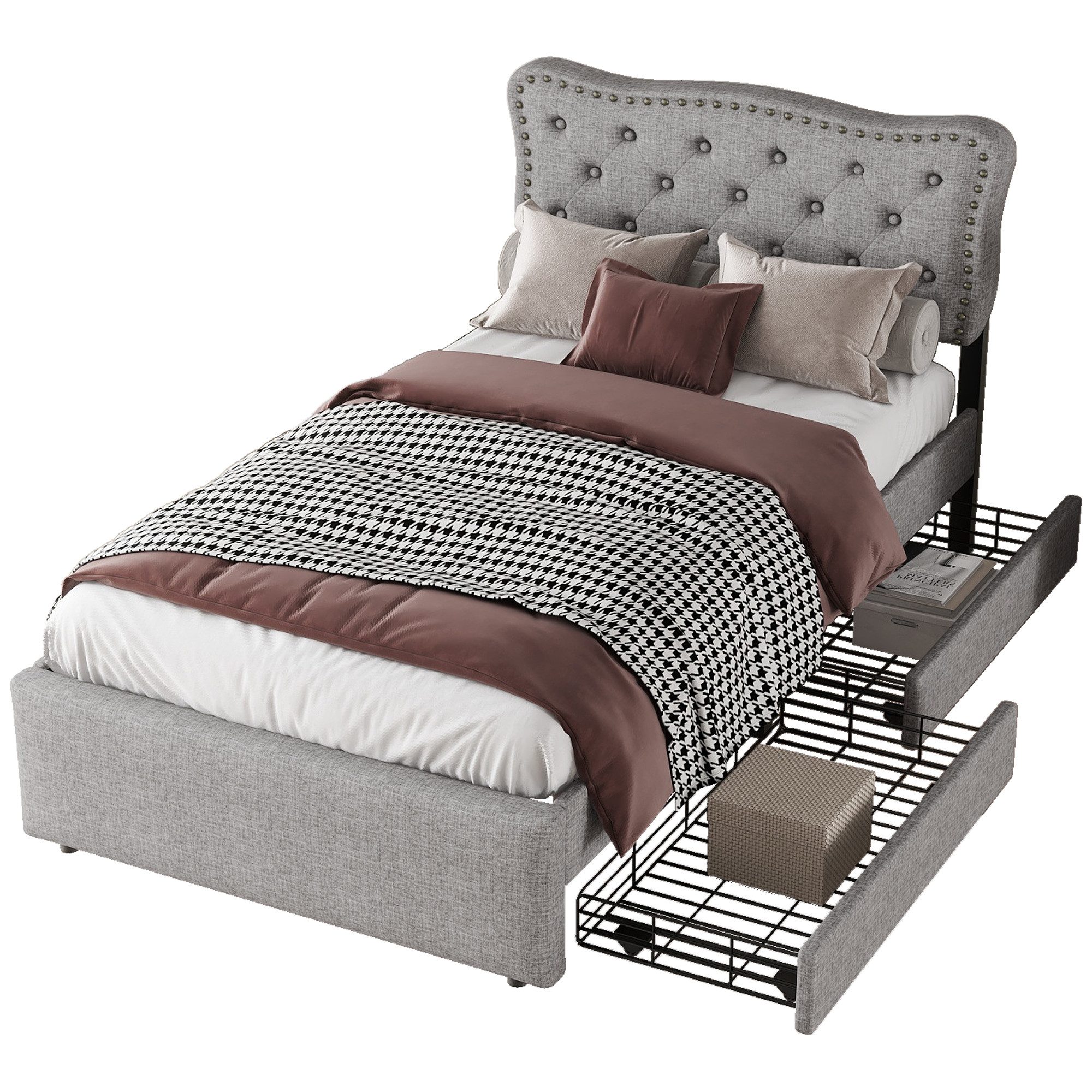 BlingBin Polsterbett Einzelbett mit verstellbarem Kopfteil & Schublade, 90 × 200 cm (Stauraumbett Jugendbett, 1-tlg., Flachbett, Polsterbett), Nachttischpolsterung mit dekorativen Nieten, doppelte Schubladen