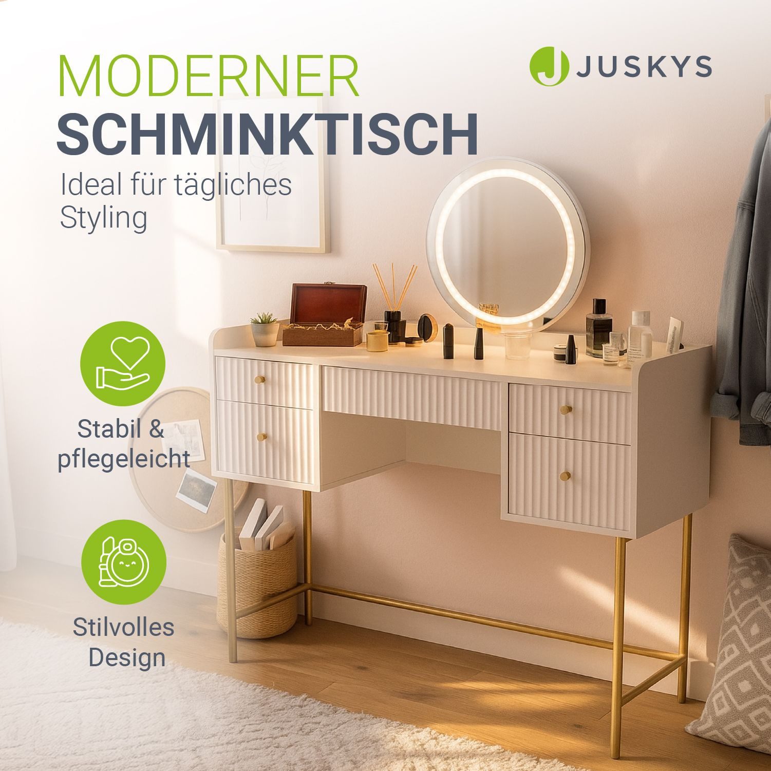 Juskys Schminktisch Samira (1-St), Touch-LED-Spiegel, goldfarbene günstig online kaufen