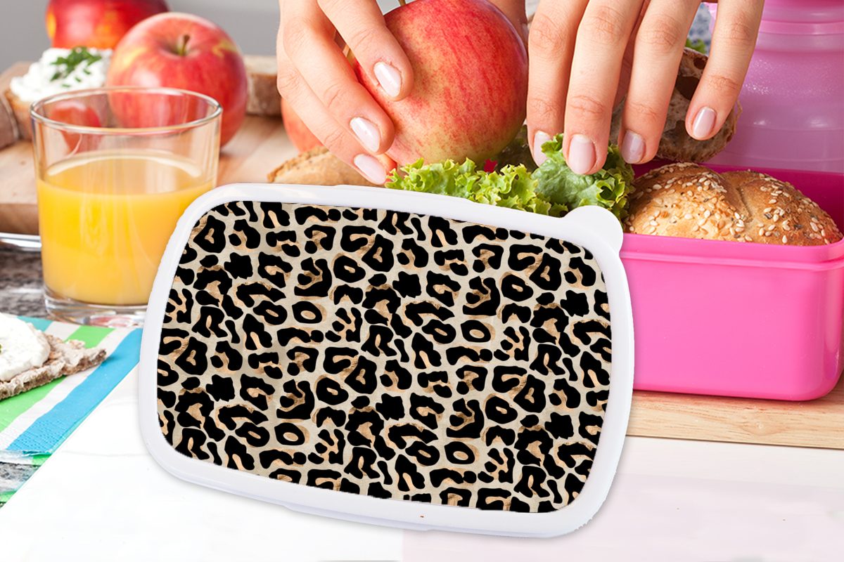 Panther - Snackbox, MuchoWow Brotdose Kunststoff rosa Tierprint - Brotbox (2-tlg), Luxus, Kunststoff, - für Erwachsene, Kinder, Schwarz Lunchbox Mädchen,