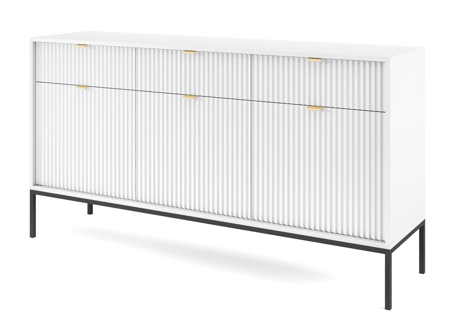 Feldmann-Wohnen Sideboard Nova (3 Türen, 3 Выдвижные ящики, 3 Einlegeböden, 1 St., Riffel-Optik Front, goldfarbene Metallgriffe, ABS-Kanten), 154x39x83cm, Fronten mit ausdrucksstarkem geriffelten Muster