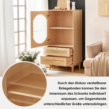 EXTSUD Sideboard 120 cm hoher Schrank, 1 Tür aus klarem Acryl, 2 Schubladen aus Rattan