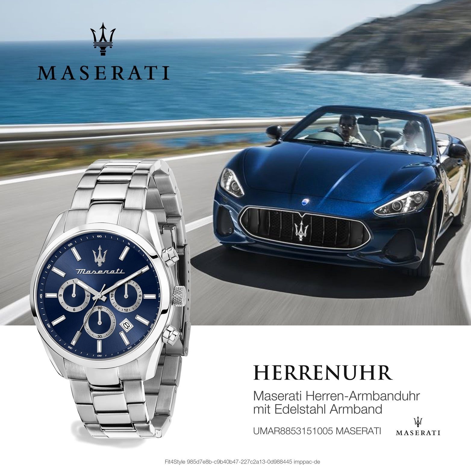 MASERATI Multifunktionsuhr Maserati 43mm) Herrenuhr rundes groß Herrenuhr Attrazione, Gehäuse, blau (ca. Edelstahlarmband