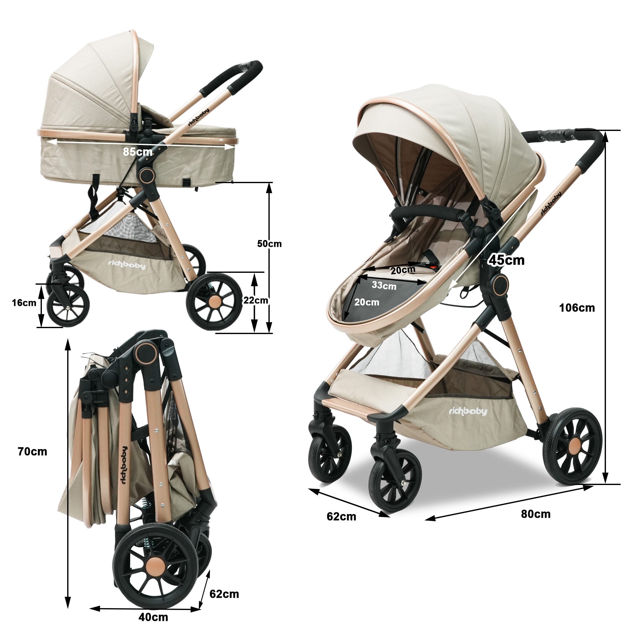 Odikalo Kombi-Kinderwagen EXQUISE V8A Kombi-Kinderwagen (umwandelbar zur Babywanne), (kompakt zusammenklappbar, mit hoher Sitzposition, verstellbarem Verdeck & Sicherheitsfunktionen – für Babys von 0 bis 36 Monaten)