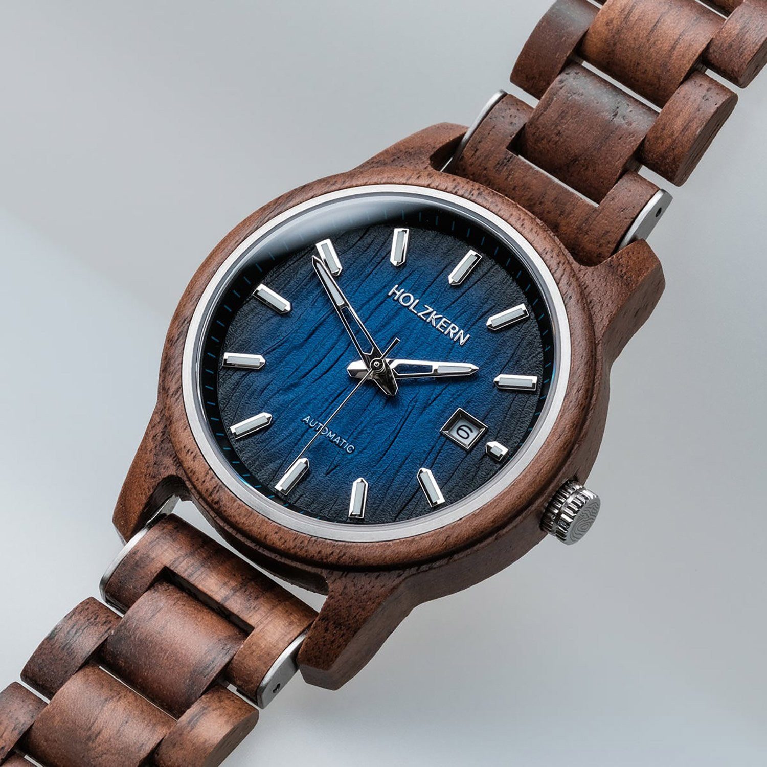 Holzkern Automatikuhr 9010631022266, Herrenuhr Automatik Nightbird Walnuss/Blau