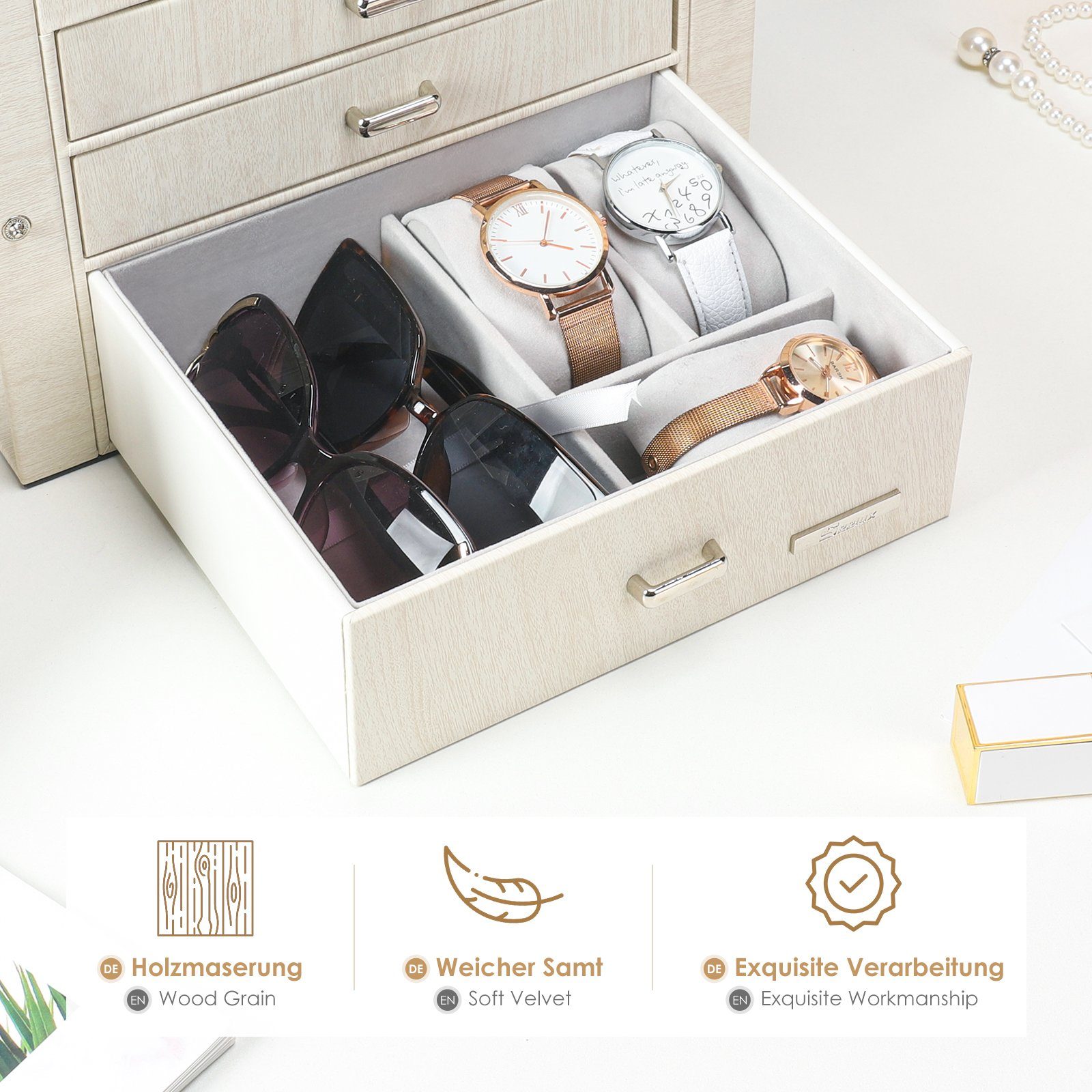 Yorbay Schmuckkasten Schmuckkoffer mit 4 Ebenen/2 Seitenfächern, Cremeweiß mit Holzmaserung (Abschließbar, Mit herausnehmbarer Mini-Box, Mit Spiegel), Schmuckkä – Bild 5 von 5