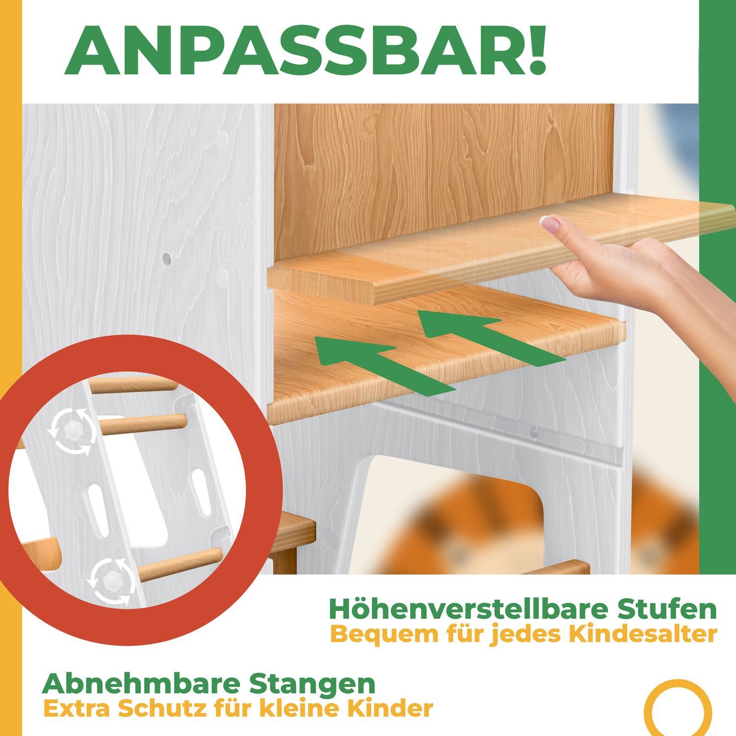 KIDIZ Stehhilfe Montessori Lernturm aus Kiefernholz ab 1 Jahr & bis 50 kg belastbar (Tritthocker inklusive Lernuhr & abnehmbarer Anti-Kipp-Schutz), 3-stufig Höhenverstellbar, spielerisch motorische Fähigkeiten fördern